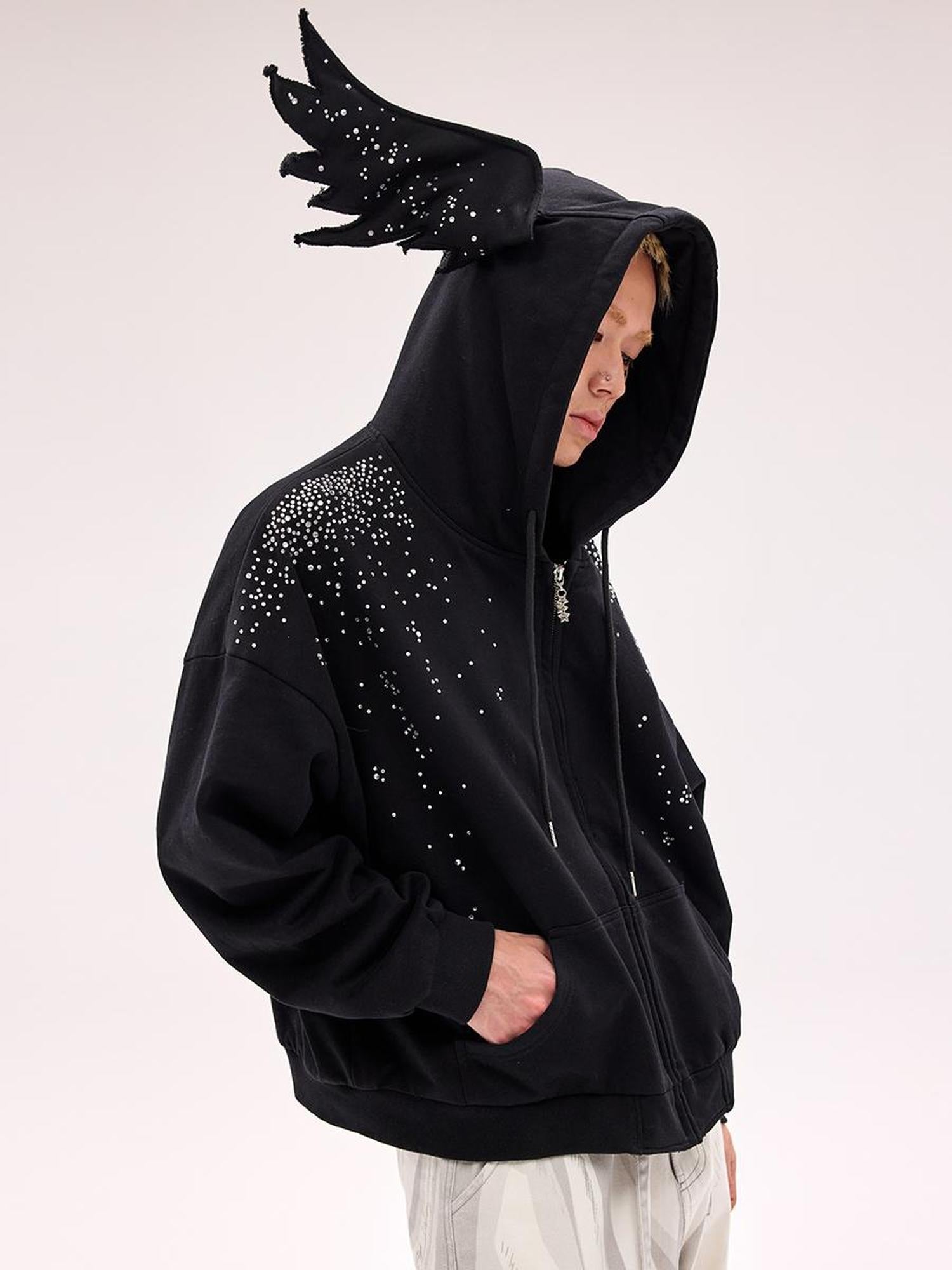 CFIERCE Starlight Rhinestone Black Angel Hoodie