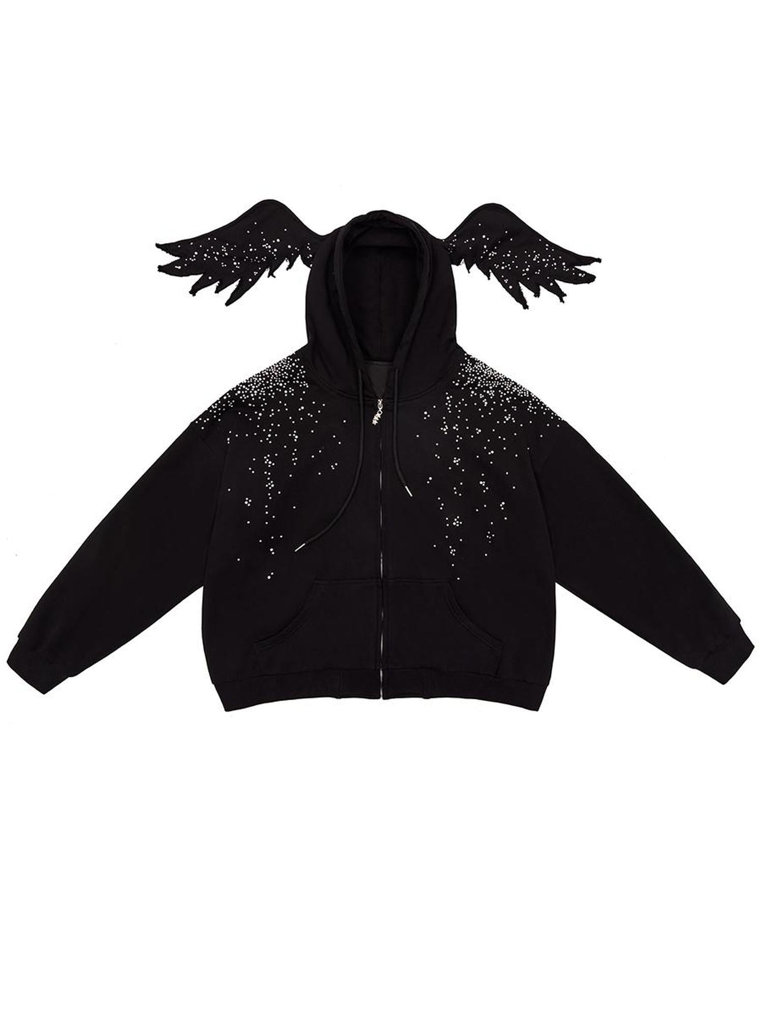 CFIERCE Starlight Rhinestone Black Angel Hoodie
