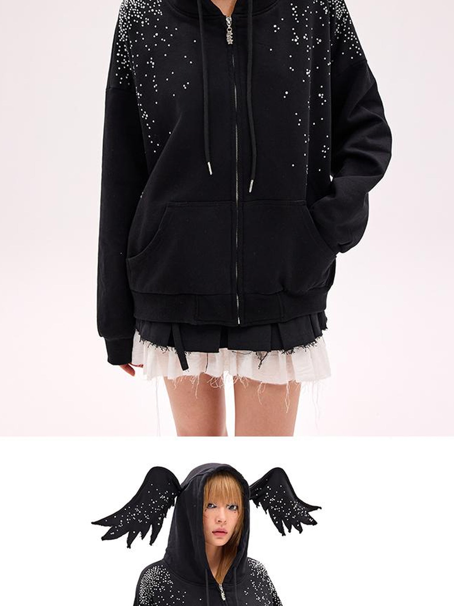 CFIERCE Starlight Rhinestone Black Angel Hoodie