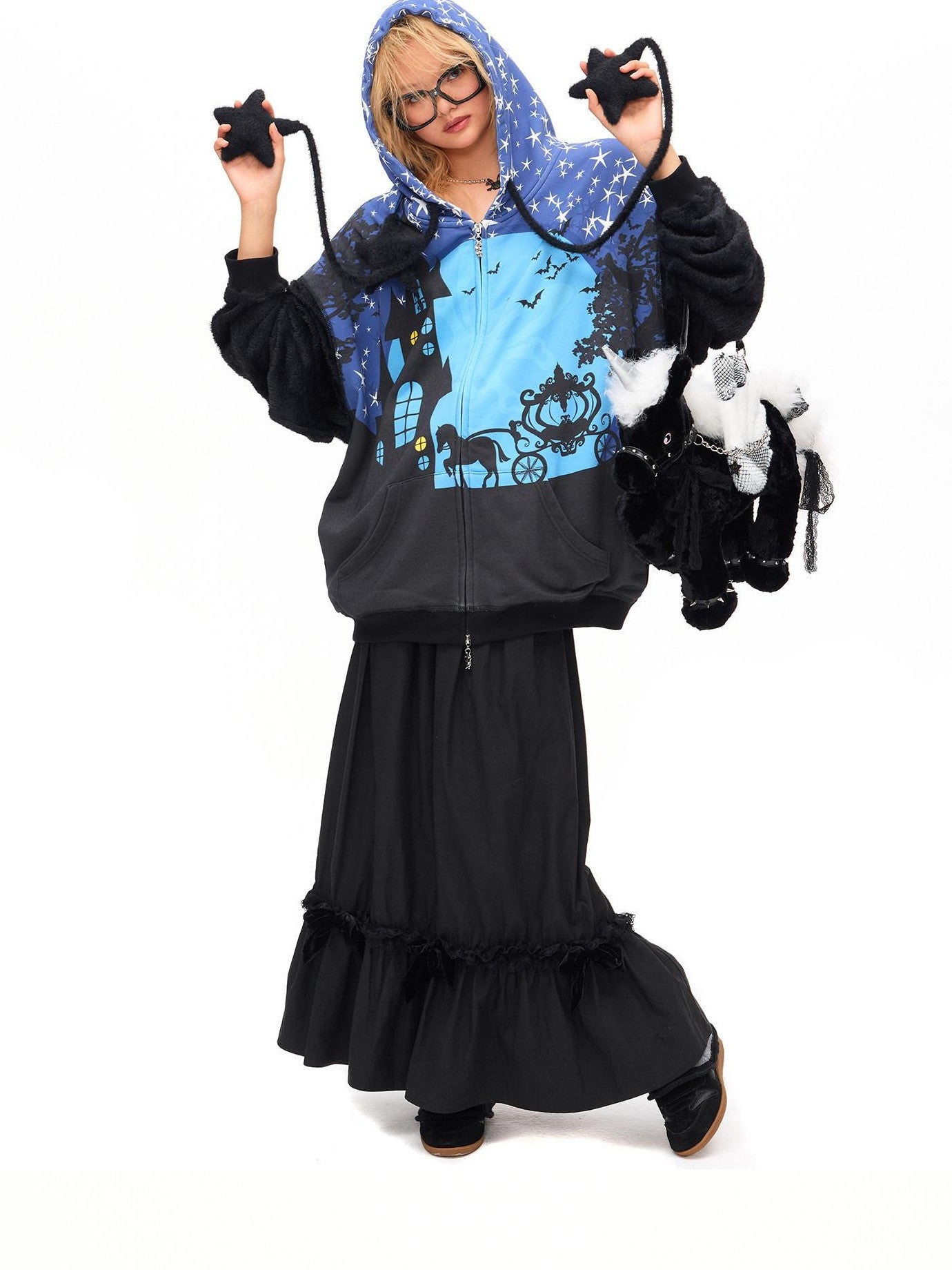 CFIERCE Starry Night Witch Hooded Zip Loose Fit Women&
