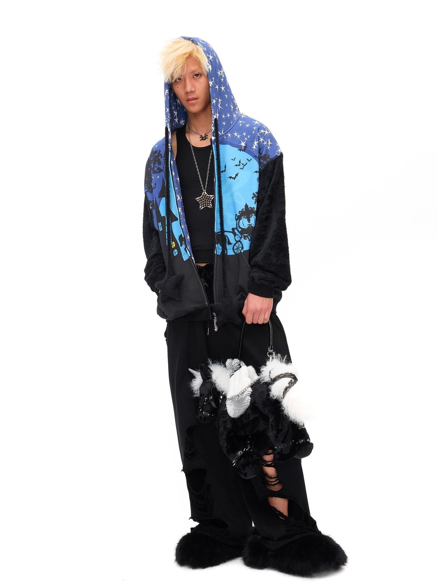CFIERCE Starry Night Witch Hooded Zip Loose Fit Women&