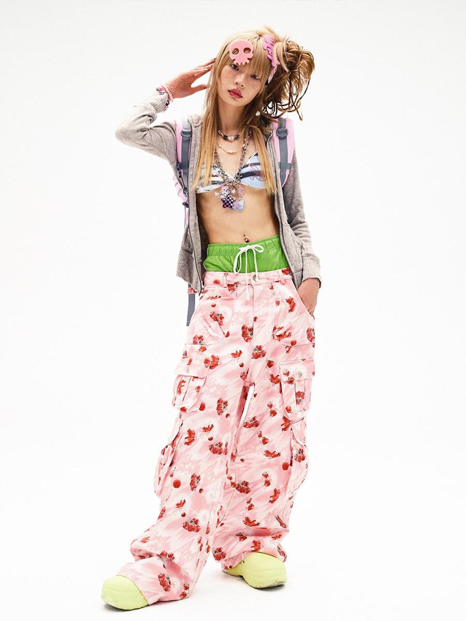 CFIERCE Strawberry Print Flared Denim Trousers
