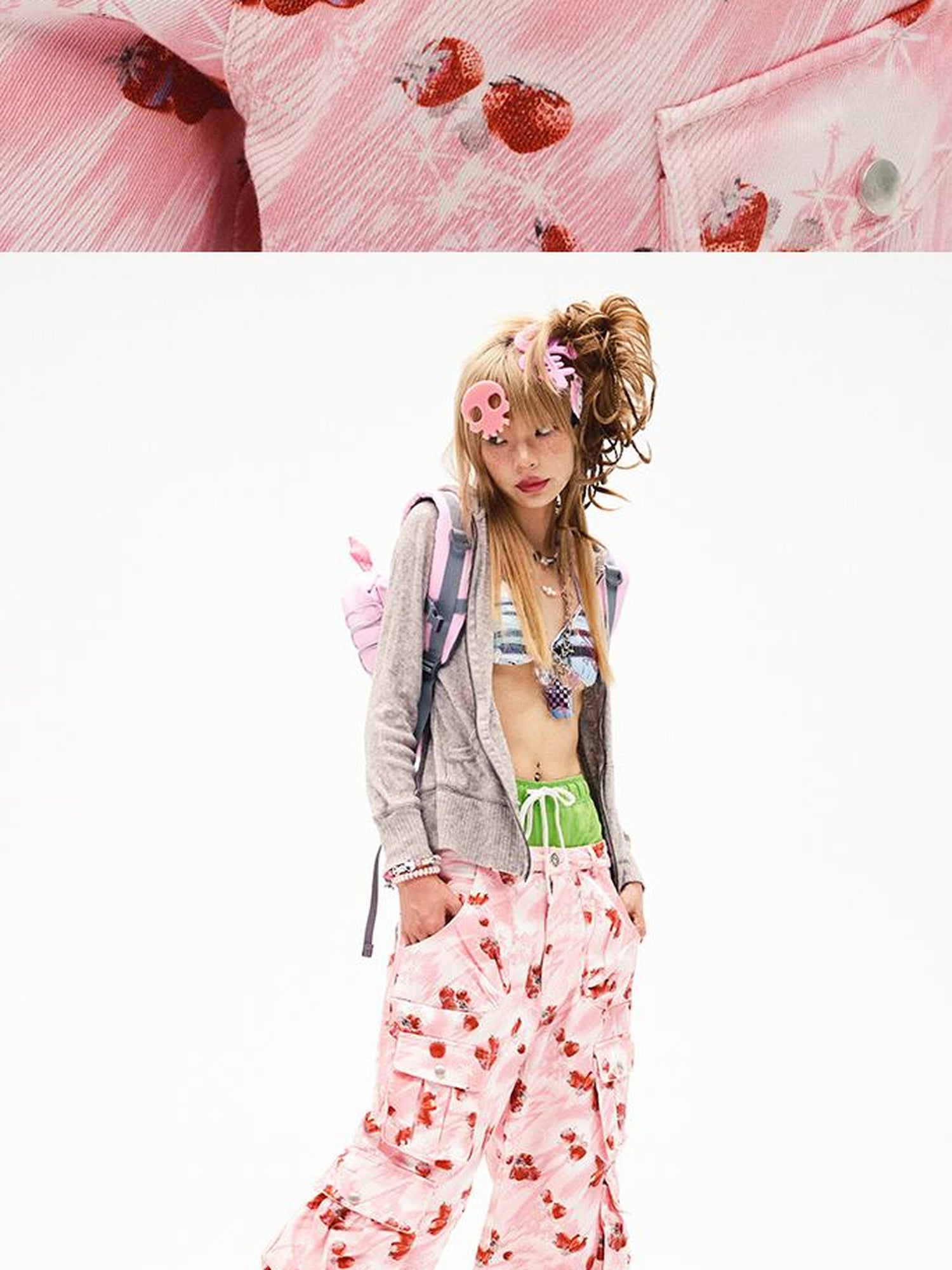 CFIERCE Strawberry Print Flared Denim Trousers