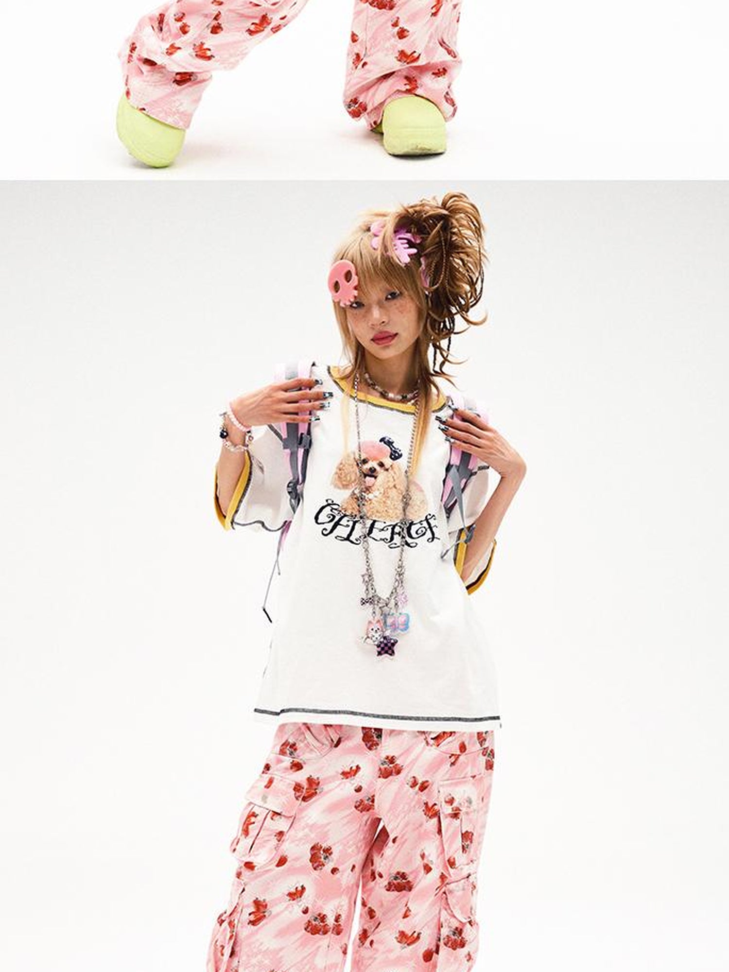 CFIERCE Strawberry Print Flared Denim Trousers
