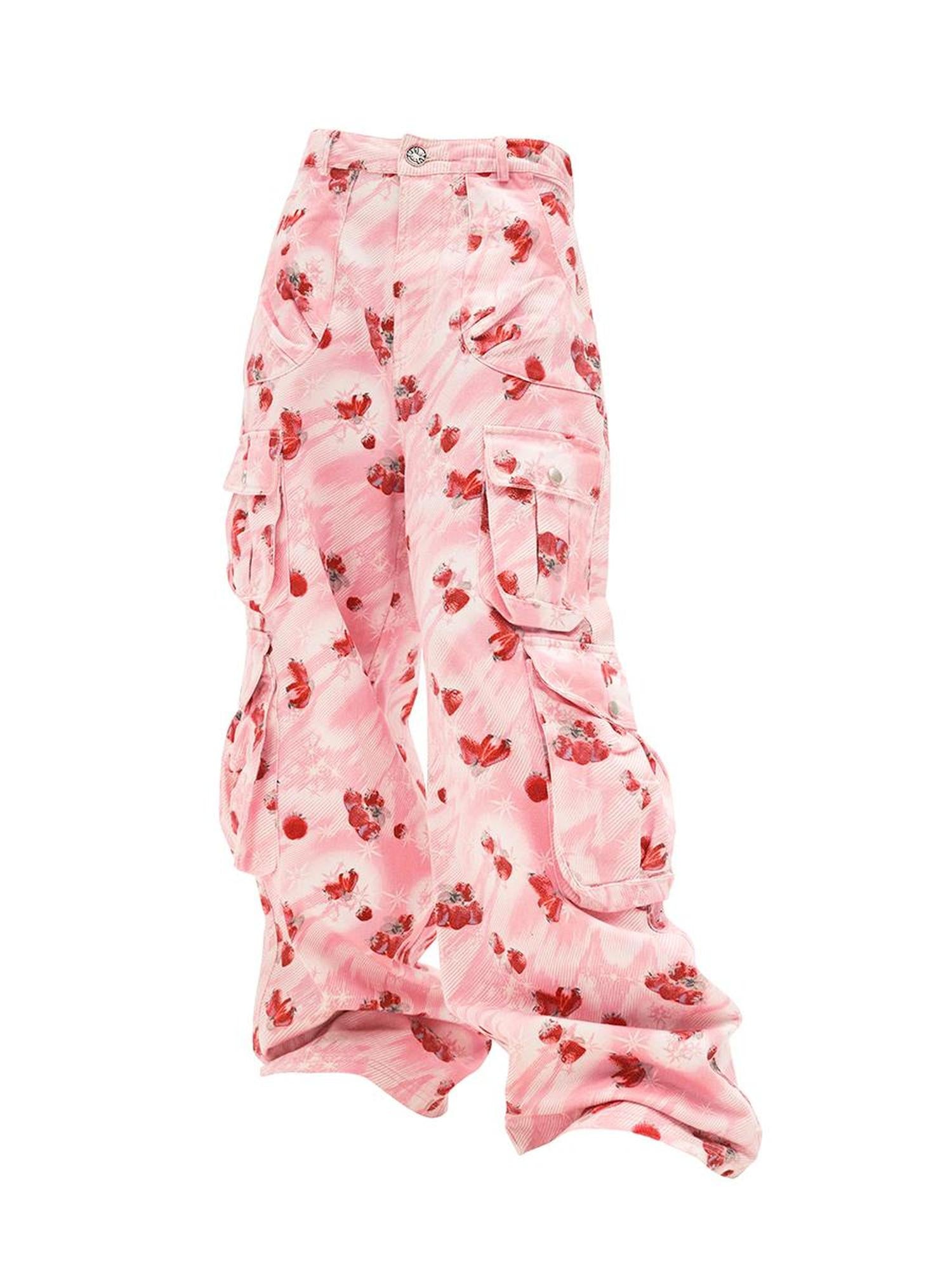 CFIERCE Strawberry Print Flared Denim Trousers