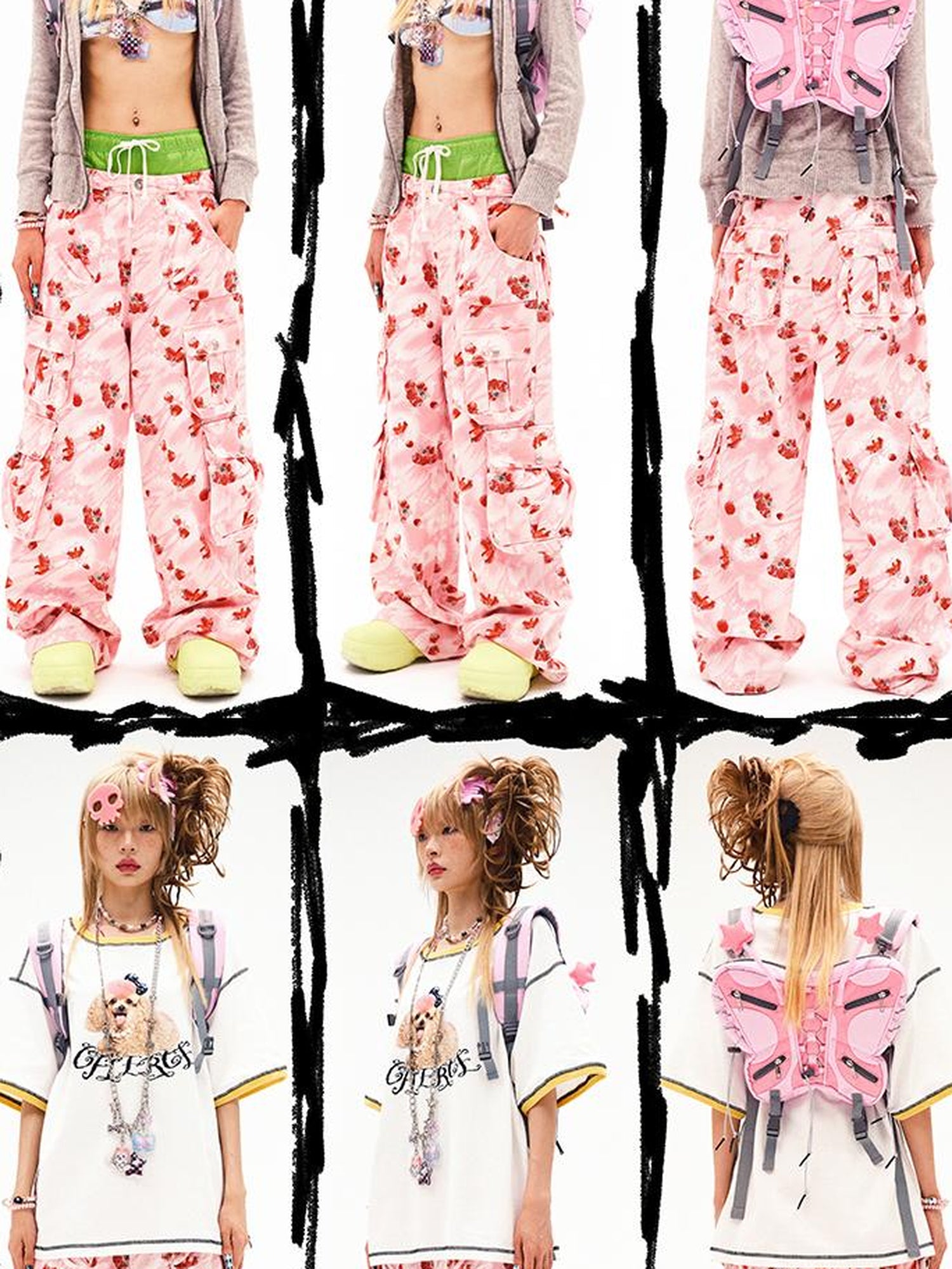 CFIERCE Strawberry Print Flared Denim Trousers