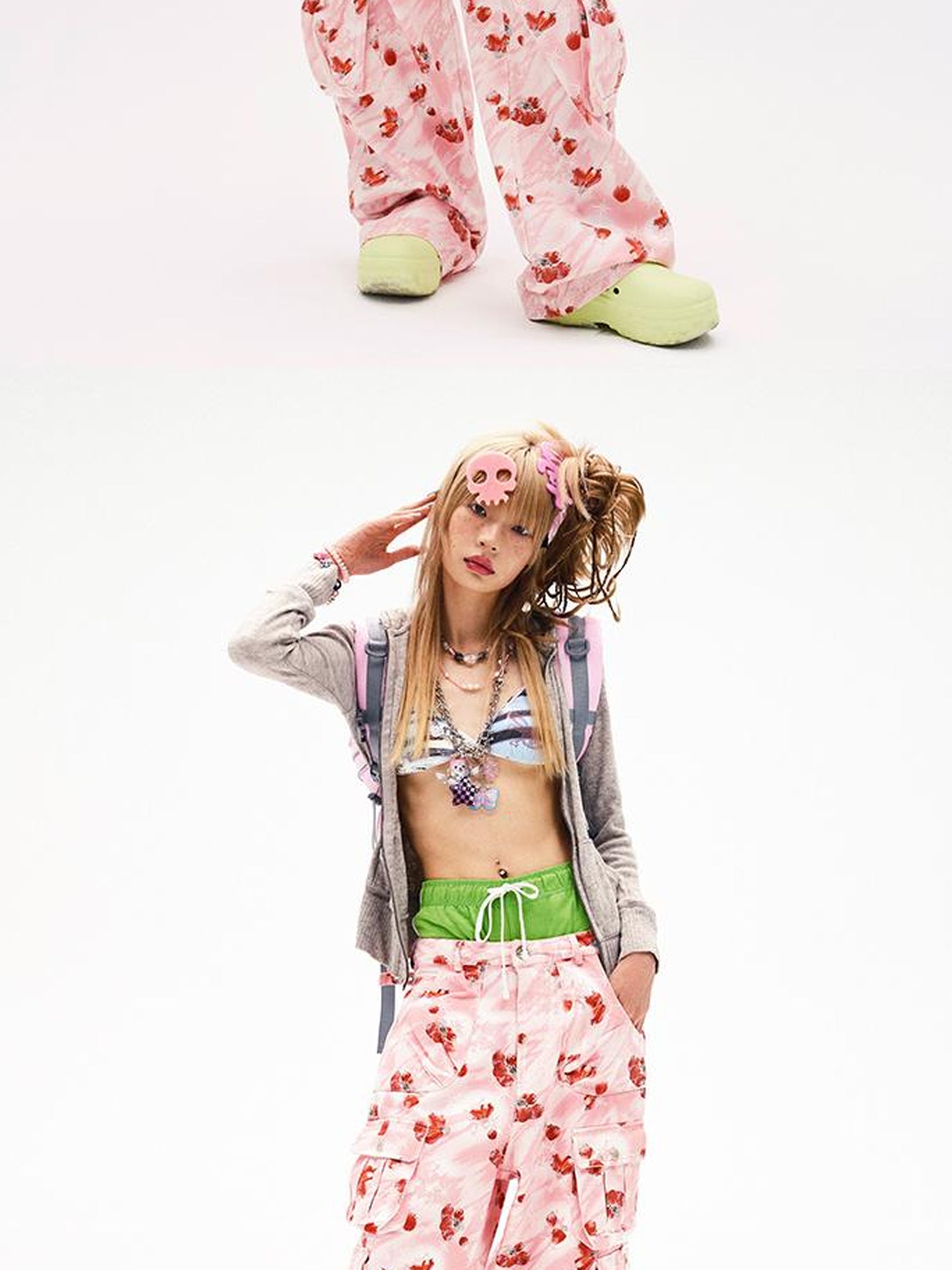 CFIERCE Strawberry Print Flared Denim Trousers