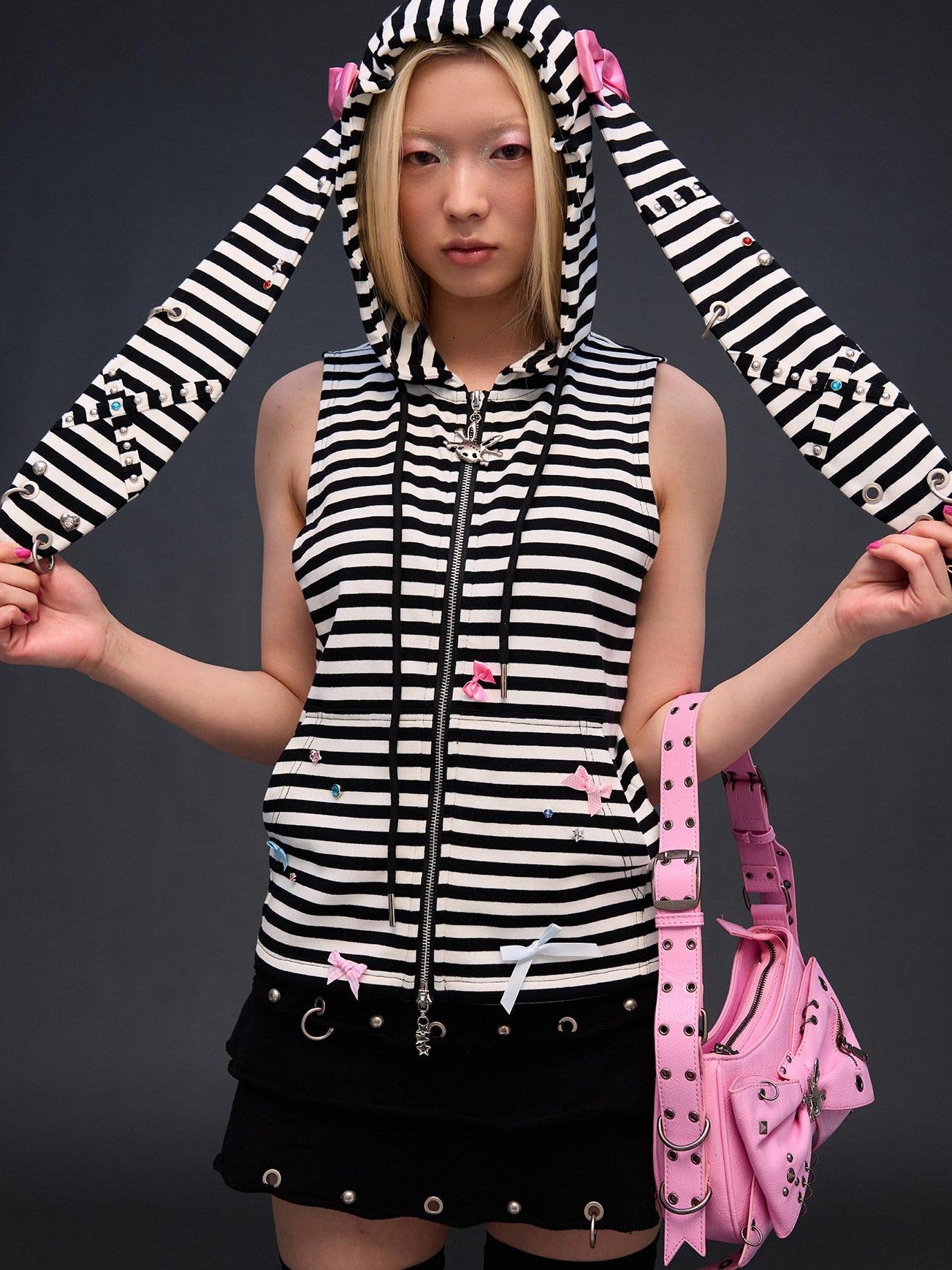 CFIERCE Striped Rhinestone Bow Rabbit Ear Zipper Women&