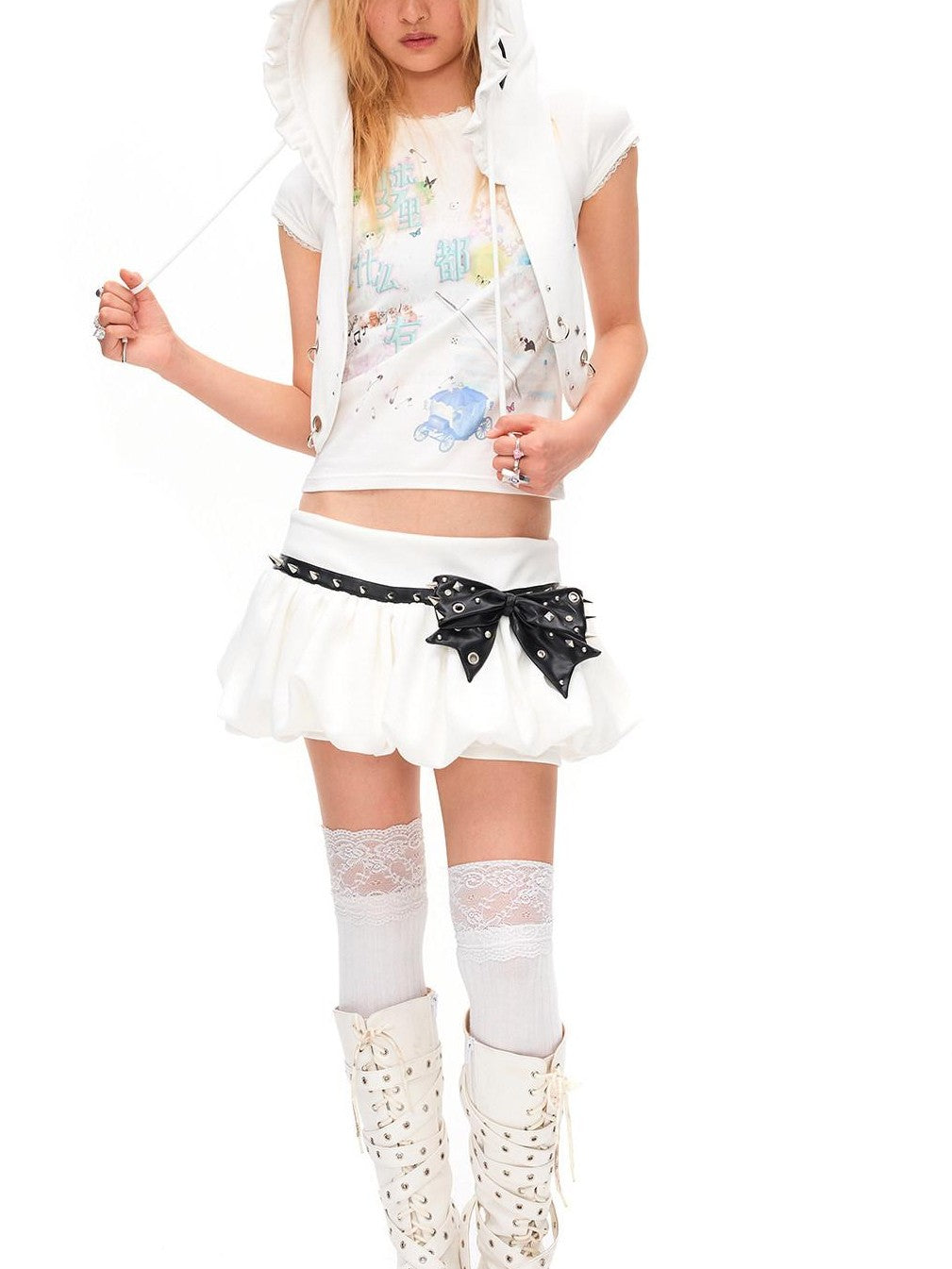CFIERCE Studded Bow Puff 3D Embellished High Waist Women&