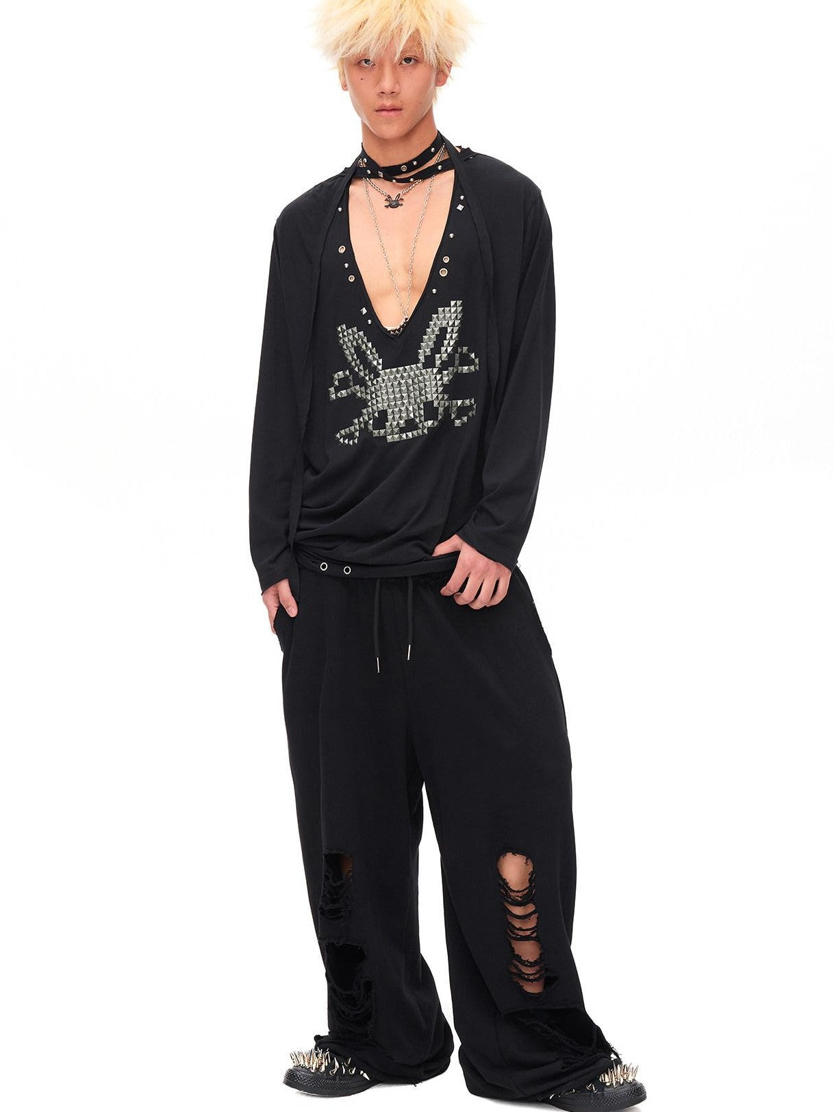 CFIERCE Studded Rabbit Skull Deep V Ruched Women&