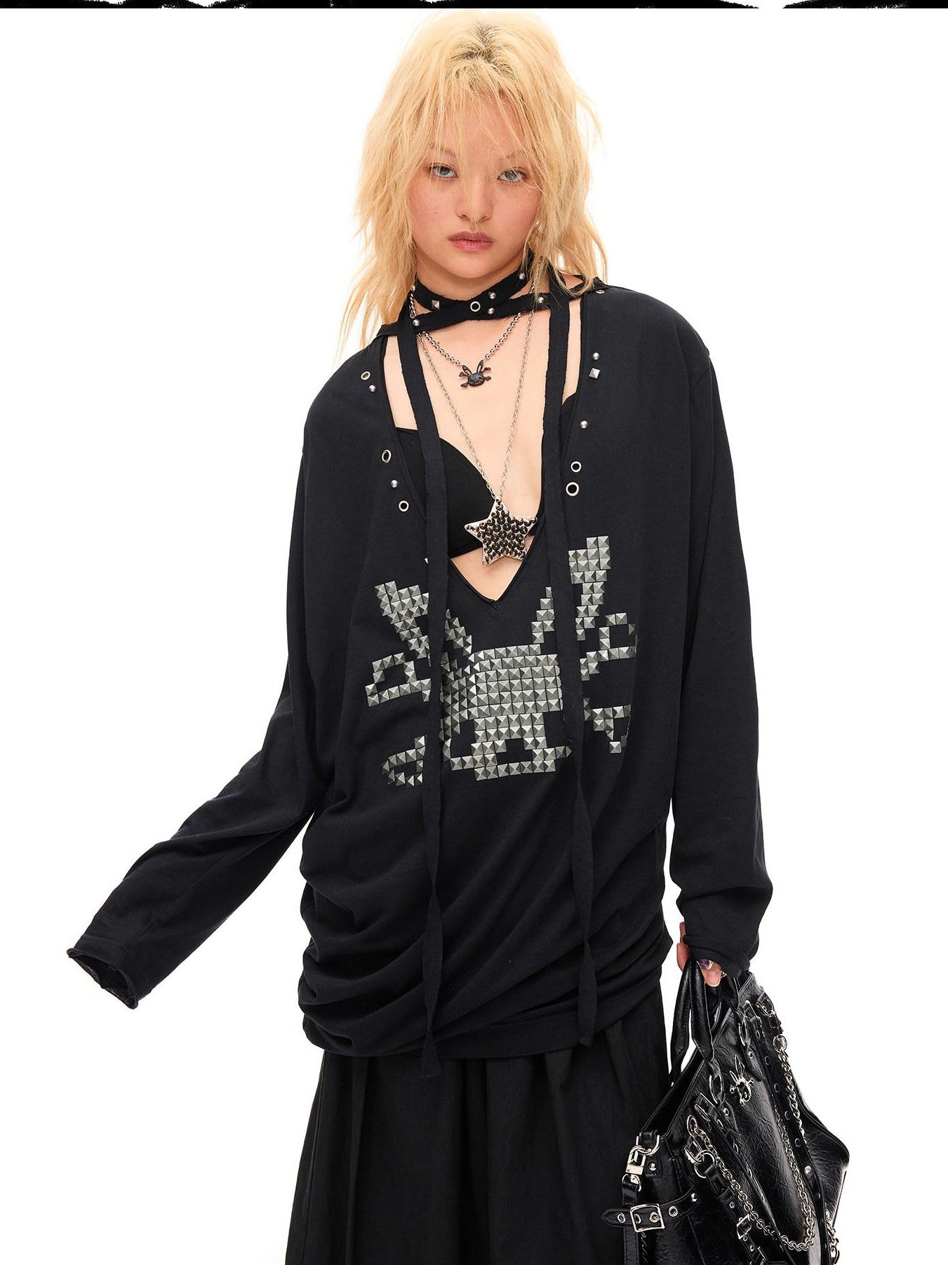 CFIERCE Studded Rabbit Skull Deep V Ruched Women&