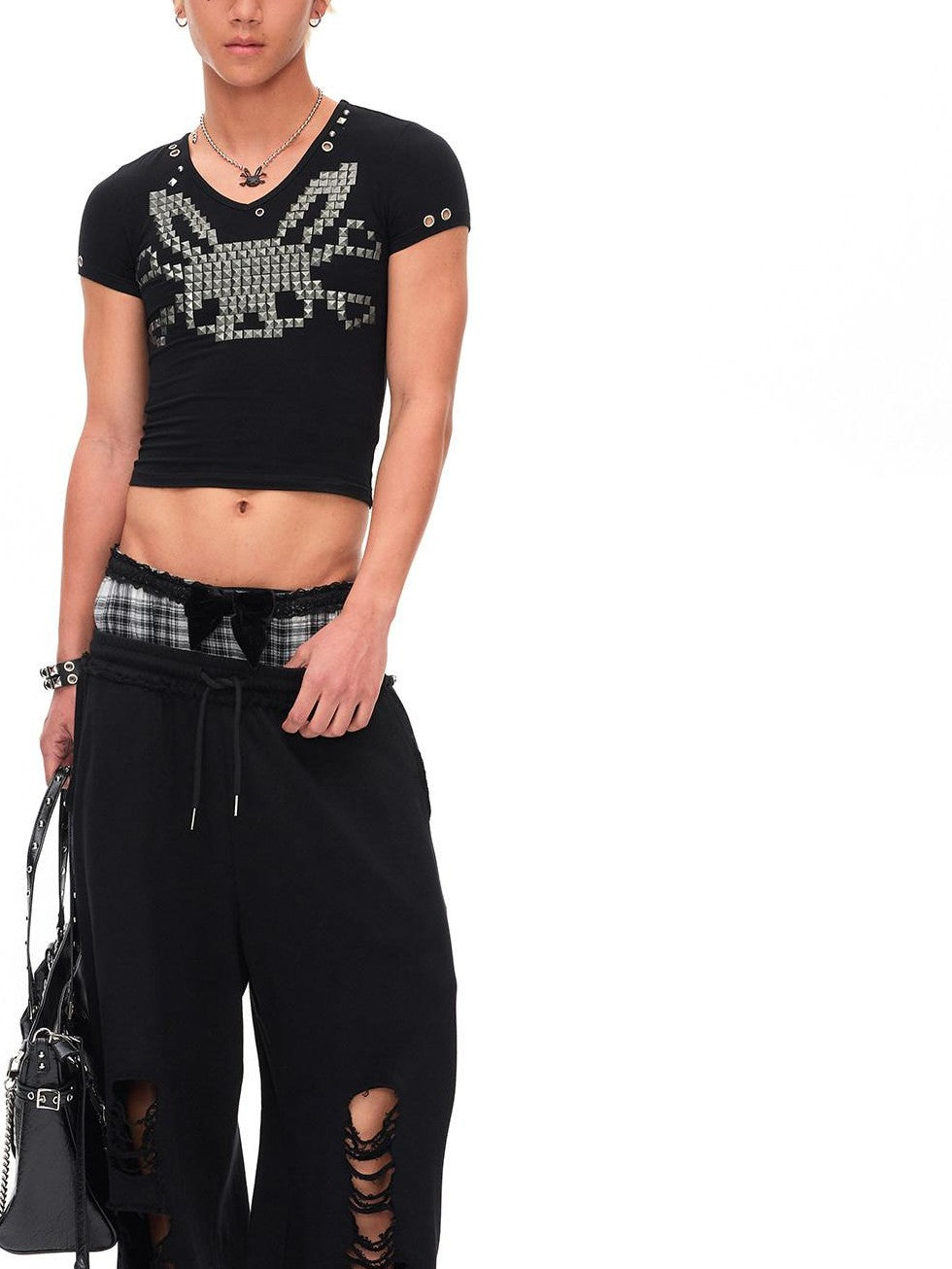 CFIERCE Studded Rabbit Skull V-neck Slim Fit Women&