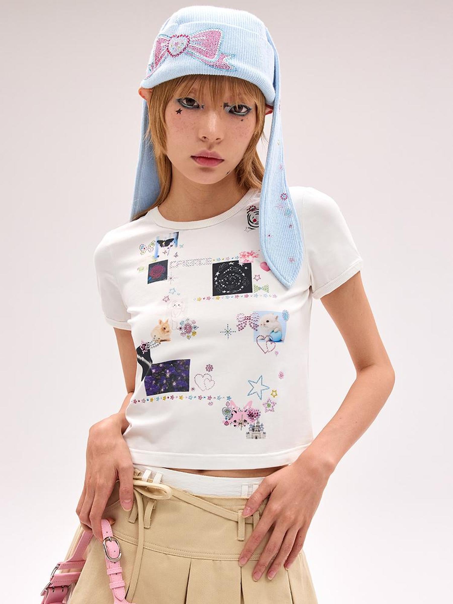 CFIERCE Tattoo Print Rhinestone Tee High Elastic Thick Opaque Stiff Fit
