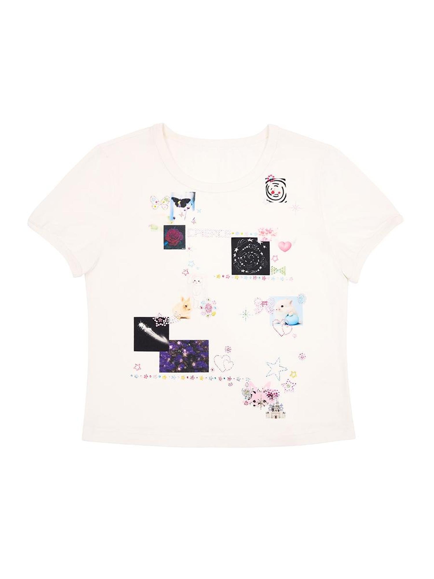 CFIERCE Tattoo Print Rhinestone Tee High Elastic Thick Opaque Stiff Fit