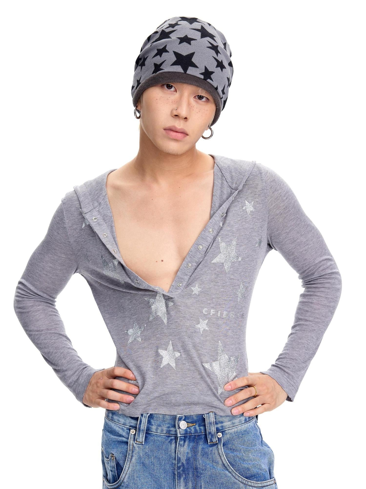 CFIERCE Tencel Cotton Star Print Casual Drop Shoulder Unisex Long Sleeve White T-Shirt