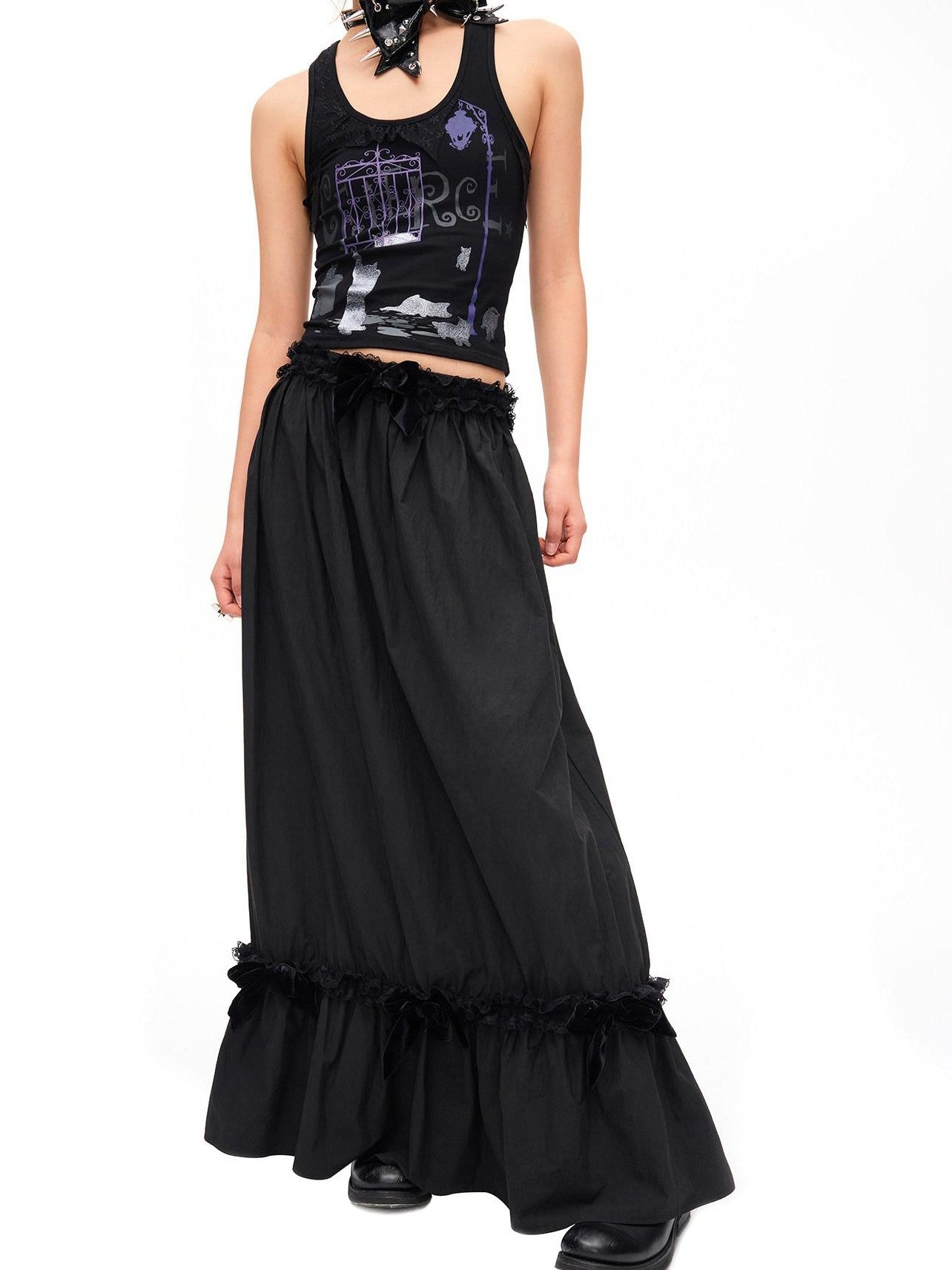 CFIERCE Velvet Bow Pleated Lace Mid Rise Straight Women&
