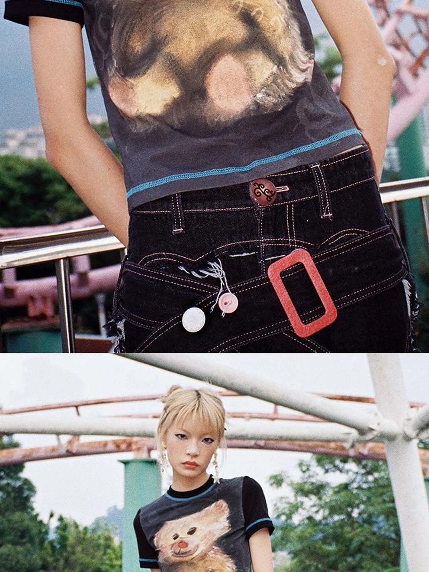 Vintage Bear Graphic Tee Distressed Print Washed Effect