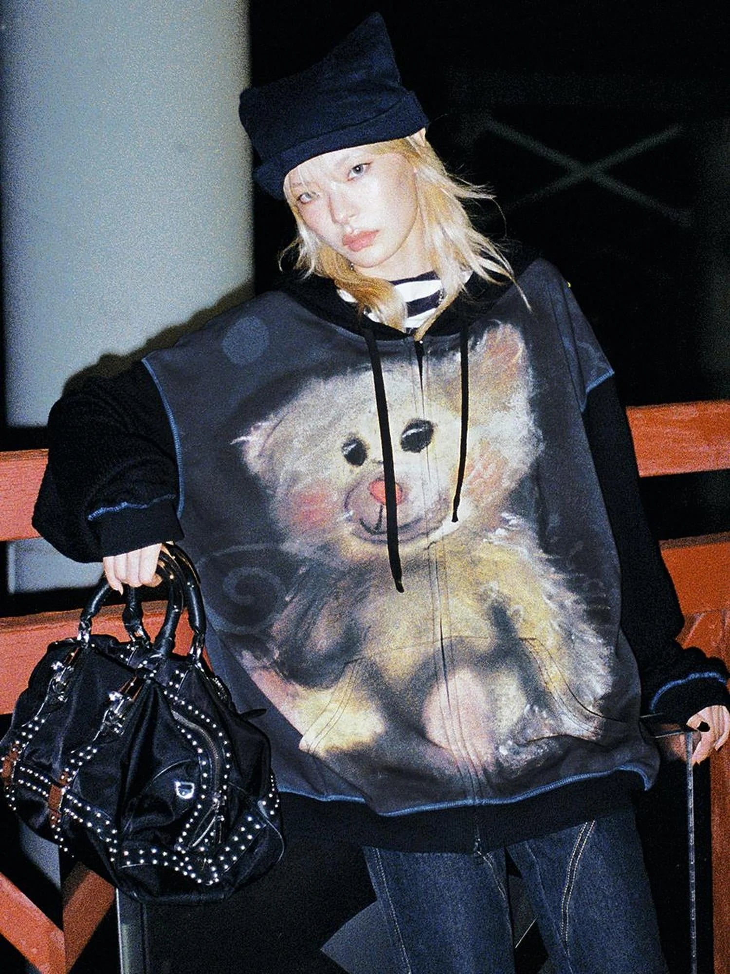 Vintage Bear Print Hooded Sweatshirt