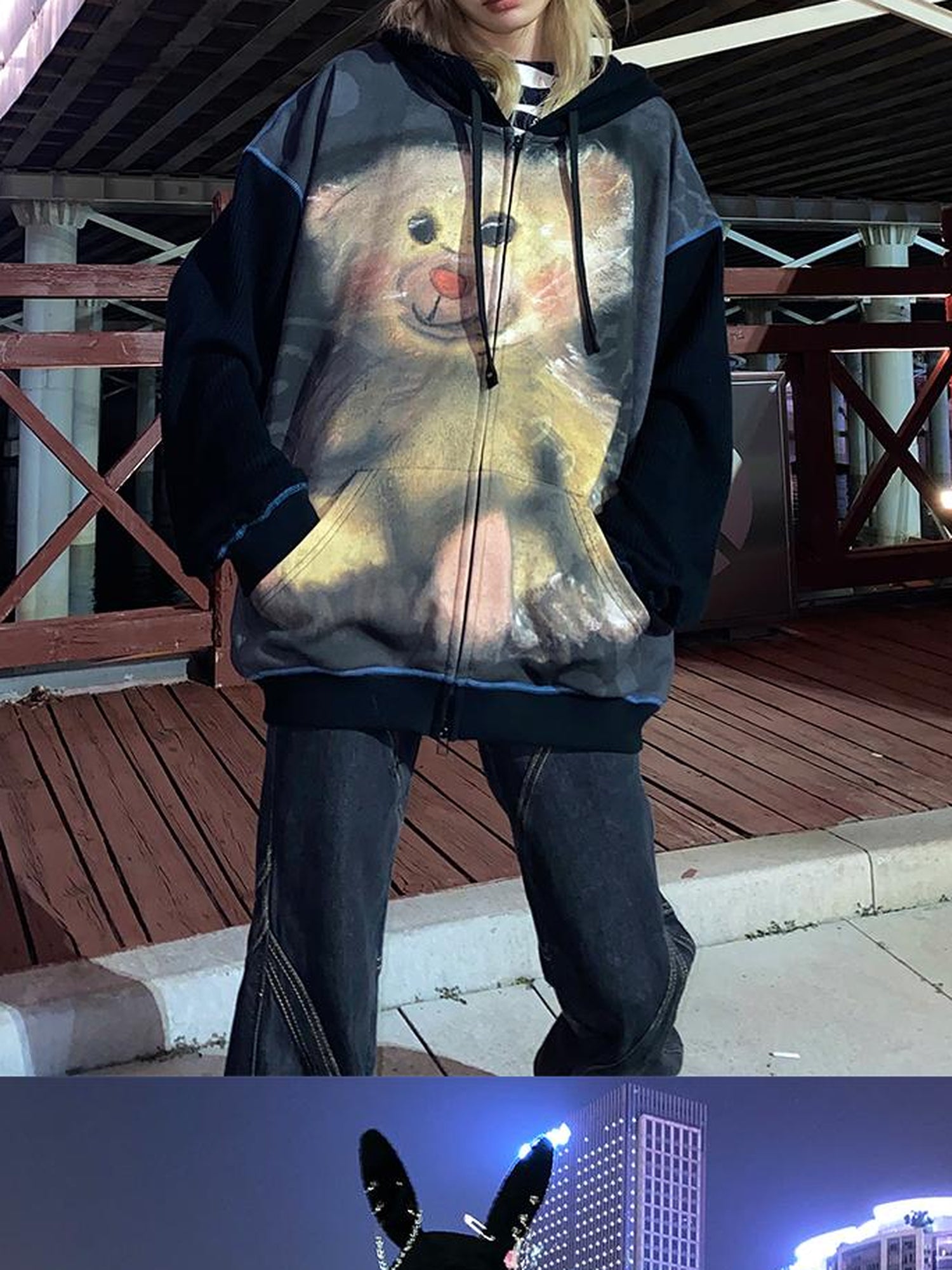 CFIERCE Vintage Bear Print Hooded Sweatshirt