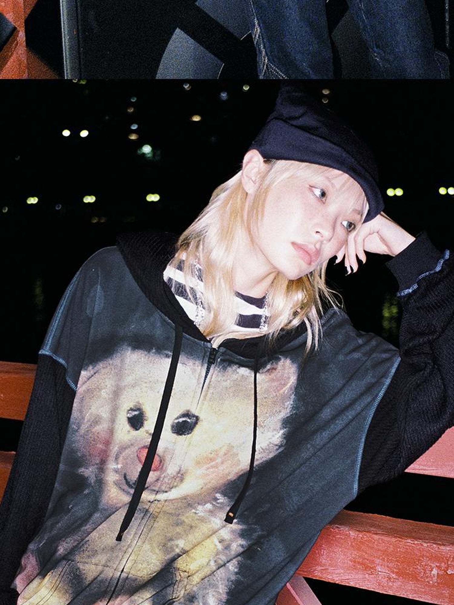 CFIERCE Vintage Bear Print Hooded Sweatshirt