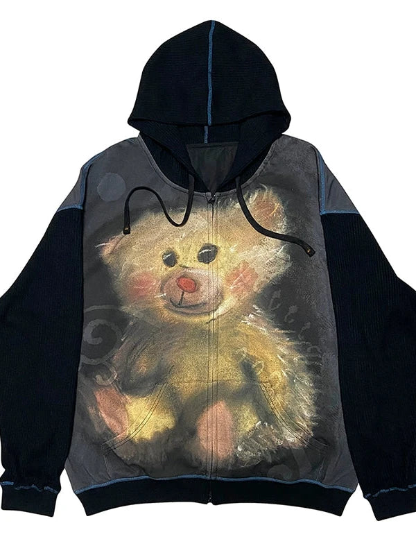 Vintage Bear Print Hooded Sweatshirt