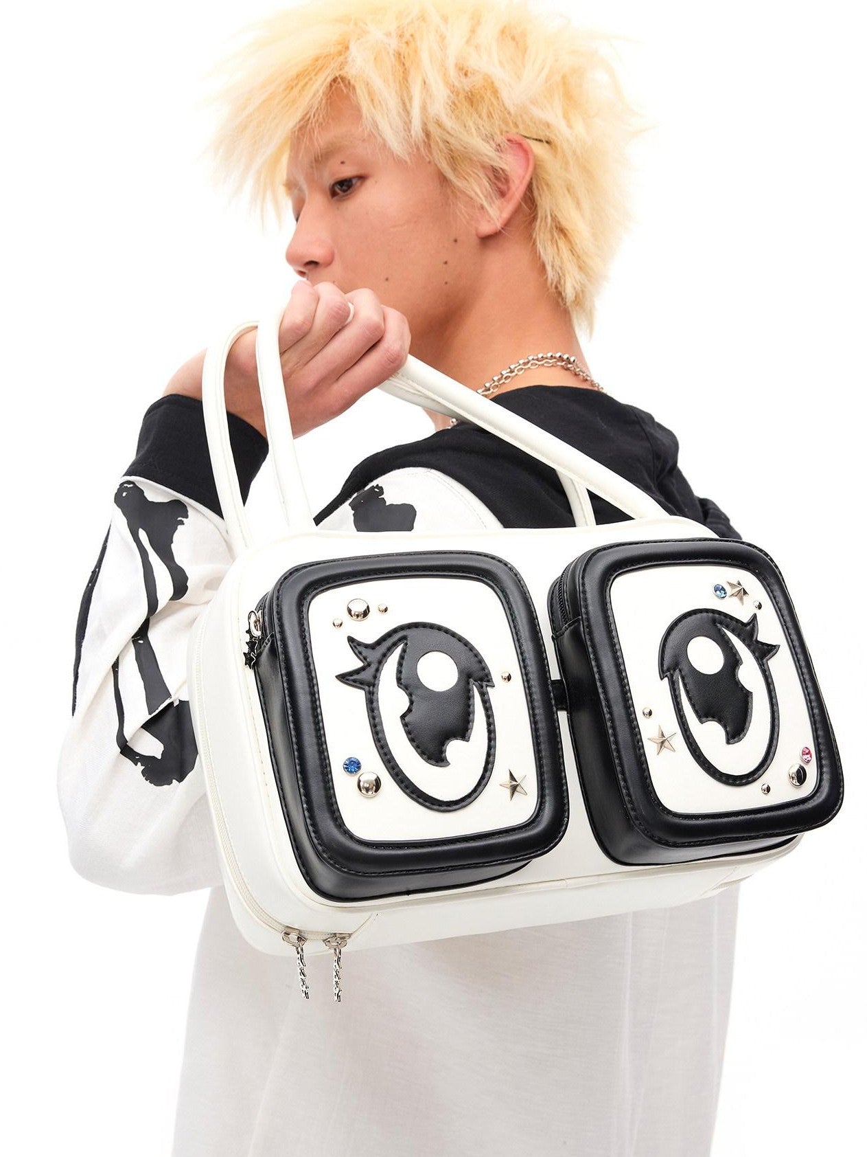 CFIERCE White Square Big Eye Print Single Strap Zip Closure Women&