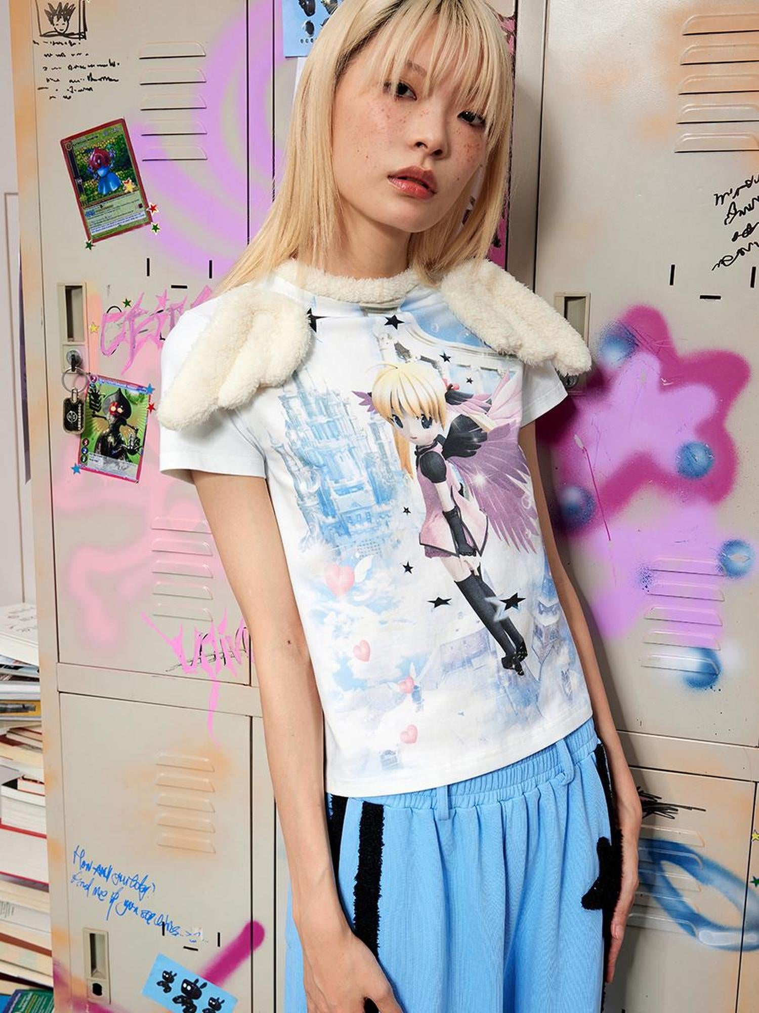 CFIERCE Wing Printed Angel Graphic Tee V-Neck T-Shirt Long-Sleeve