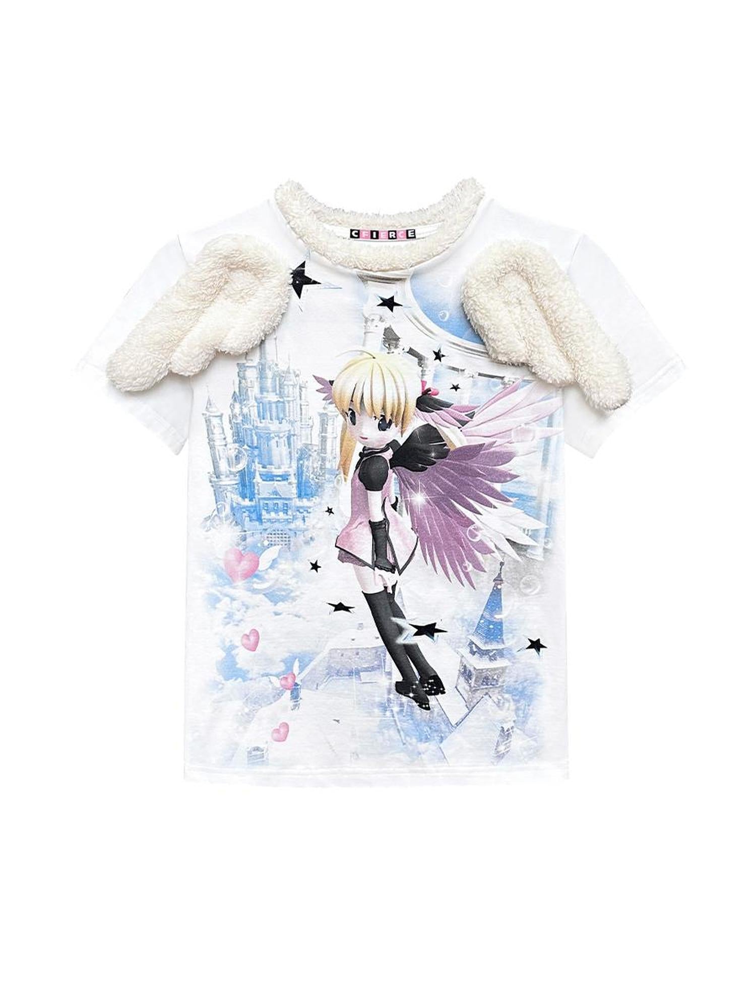 CFIERCE Wing Printed Angel Graphic Tee V-Neck T-Shirt Long-Sleeve