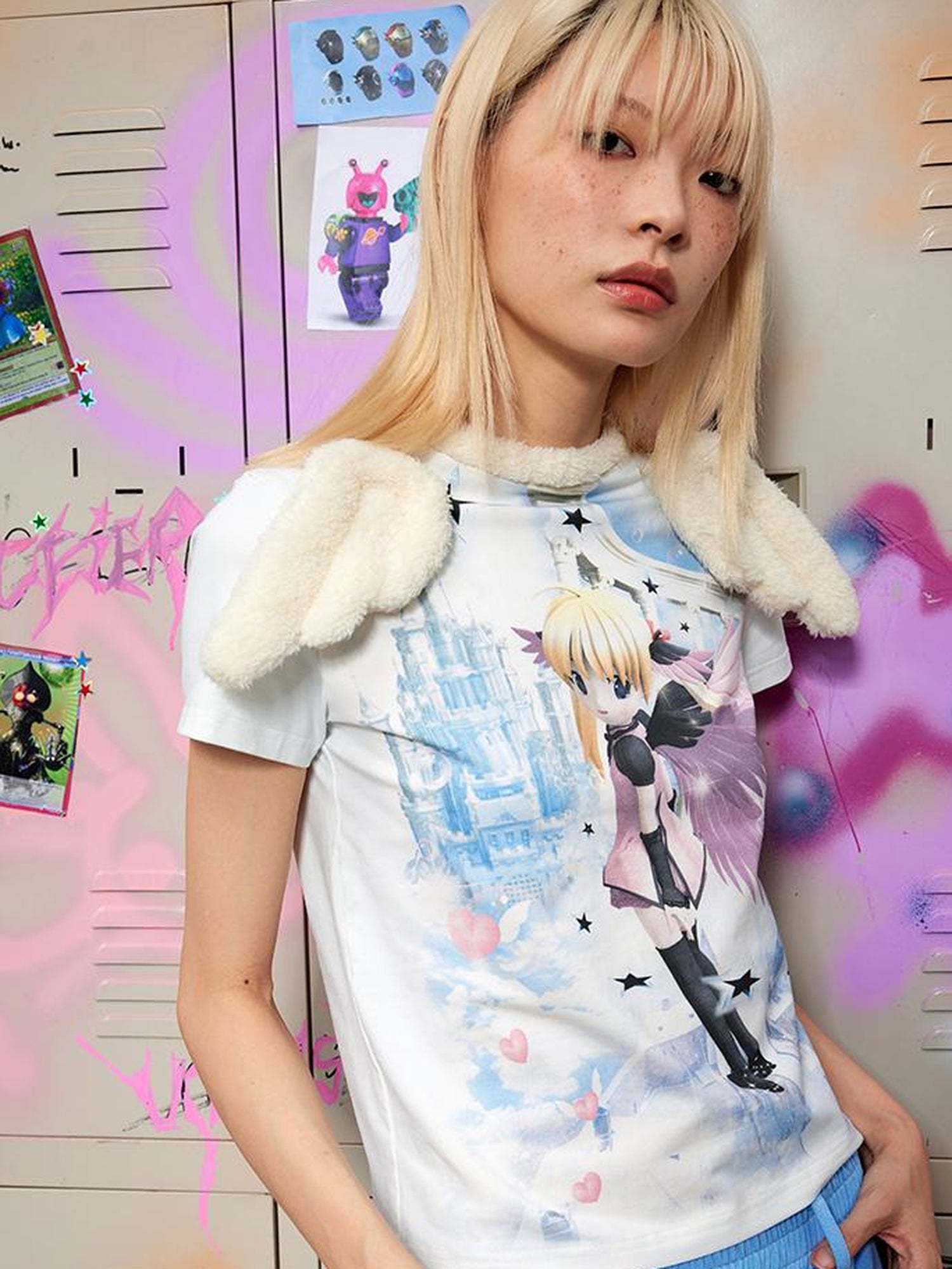 CFIERCE Wing Printed Angel Graphic Tee V-Neck T-Shirt Long-Sleeve
