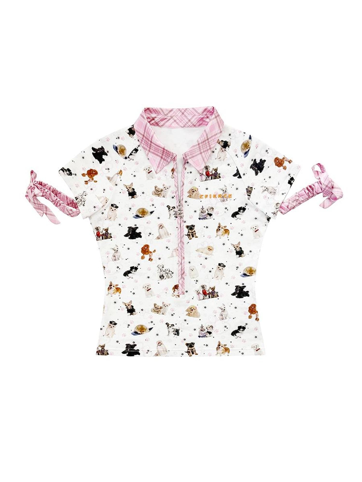CFIERCE Zip Front Dog Print Polo With Cuff Detail