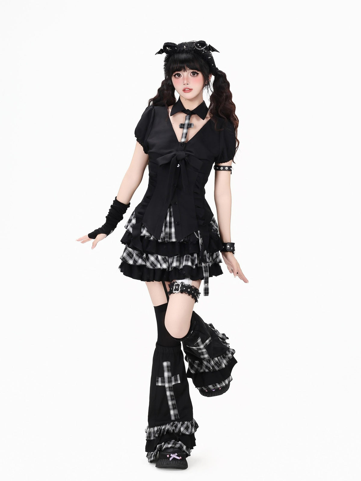 CRAZYGIRL Black White Plaid Puff Sleeve Slim Fit Lapel Women&