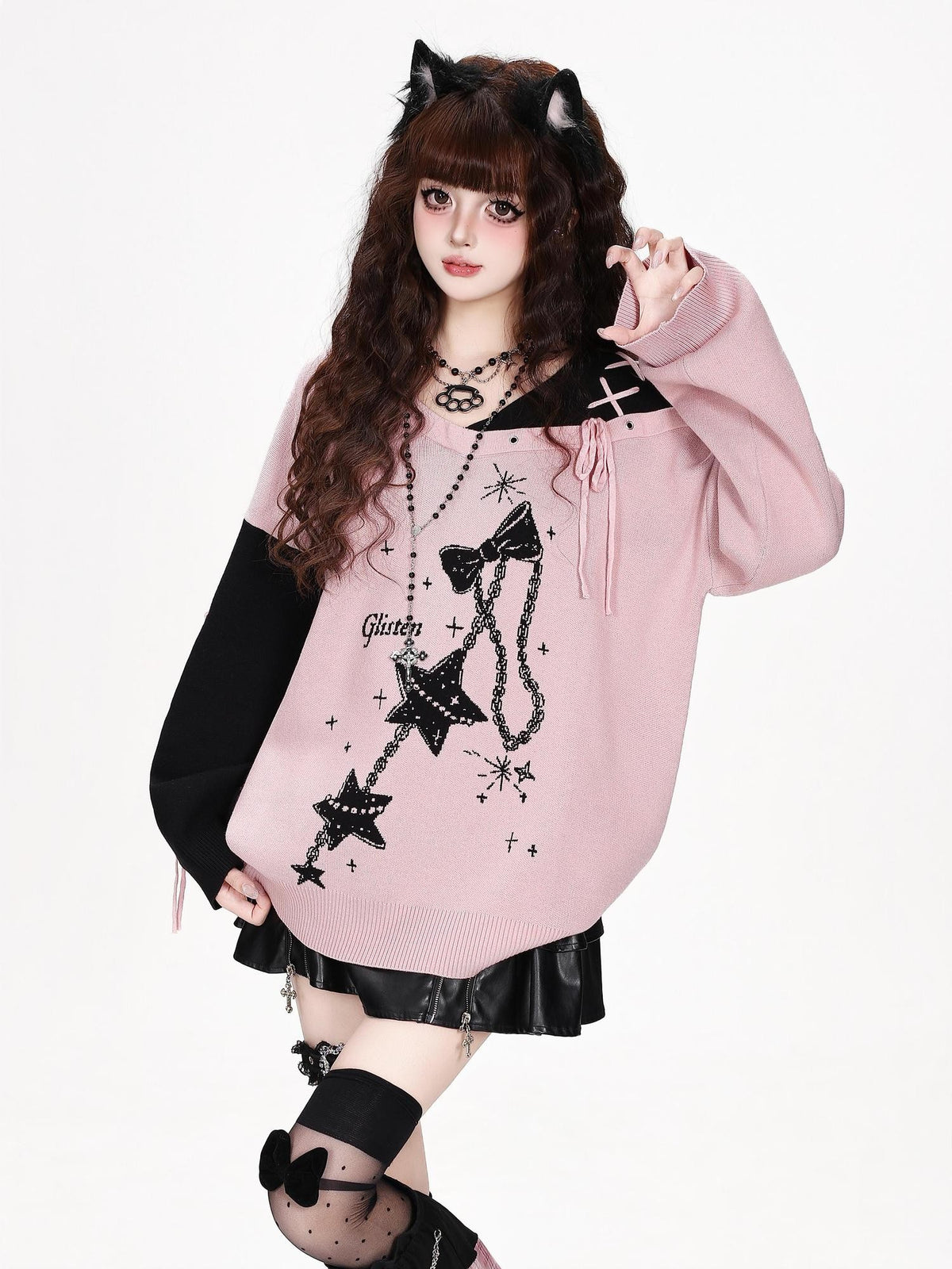 CRAZYGIRL Bow Detail V-neck Loose Fit Long Sleeve Women&