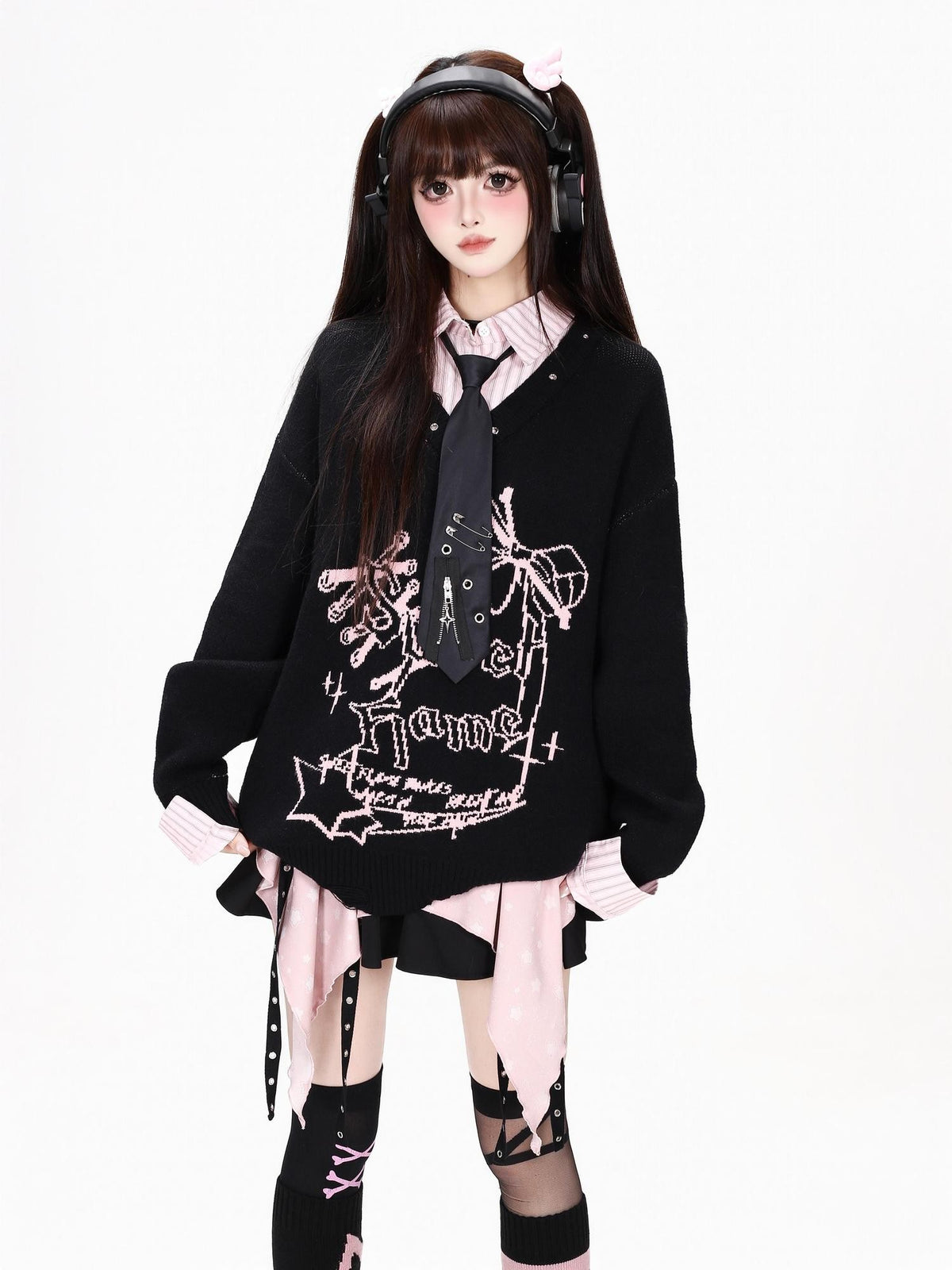 CRAZYGIRL Bow Print Faux Layered V-neck Loose Women&