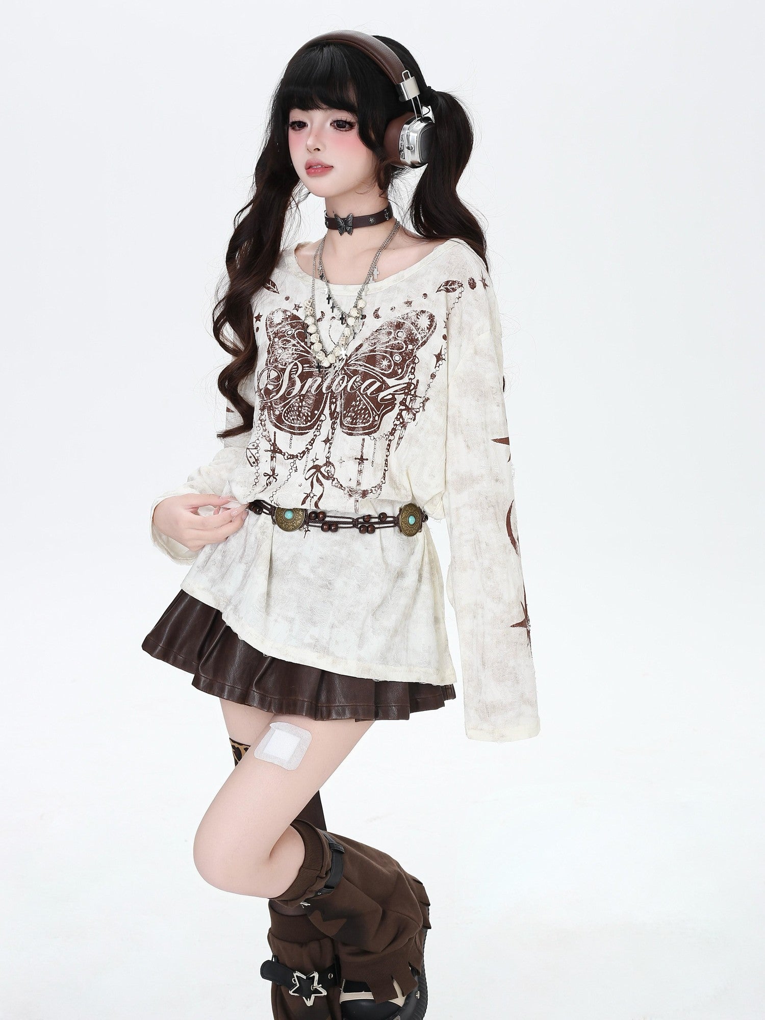 CRAZYGIRL Brown Butterfly Print Ripped Asymmetric Loose Women&