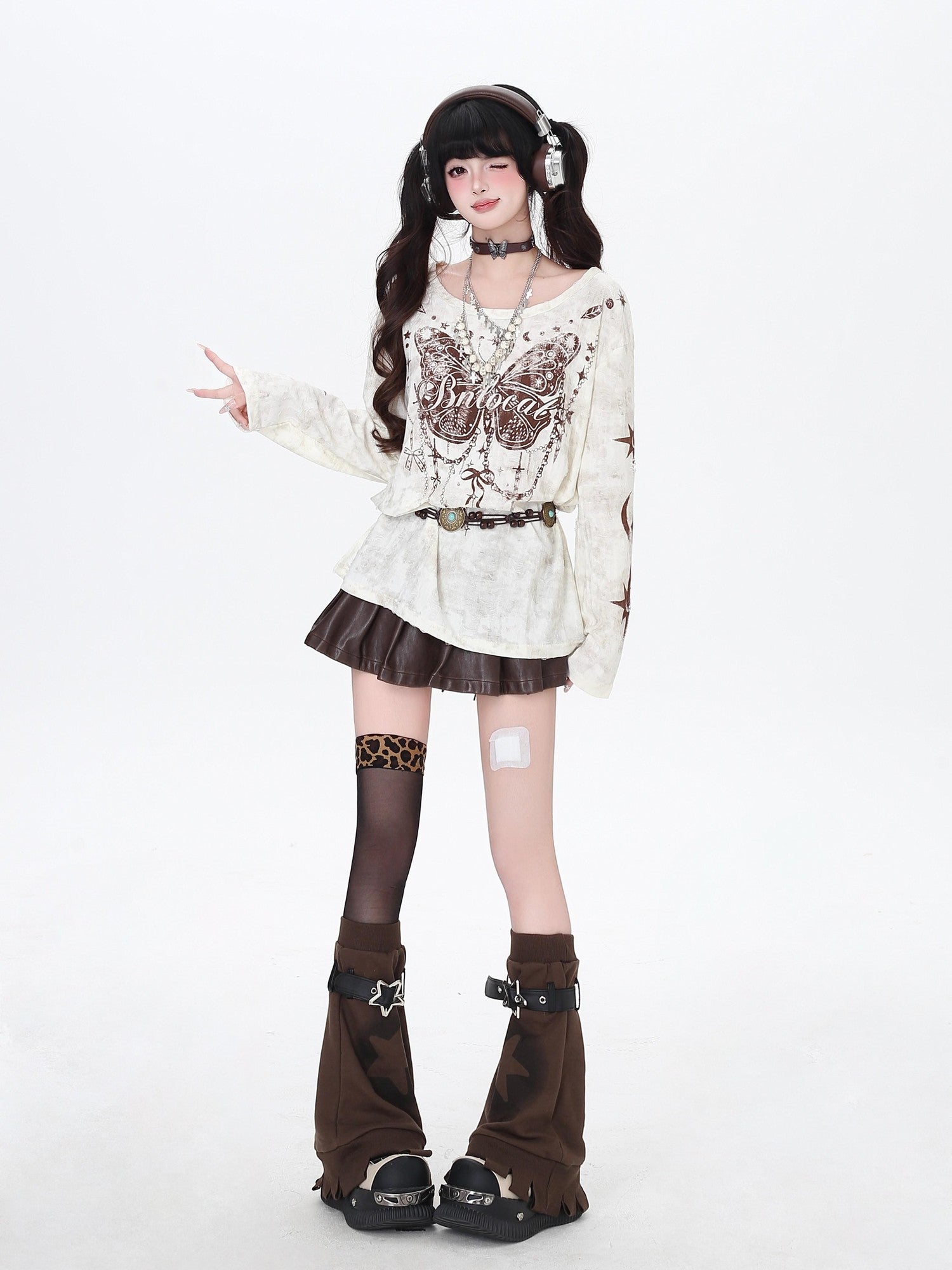 CRAZYGIRL Brown Butterfly Print Ripped Asymmetric Loose Women&