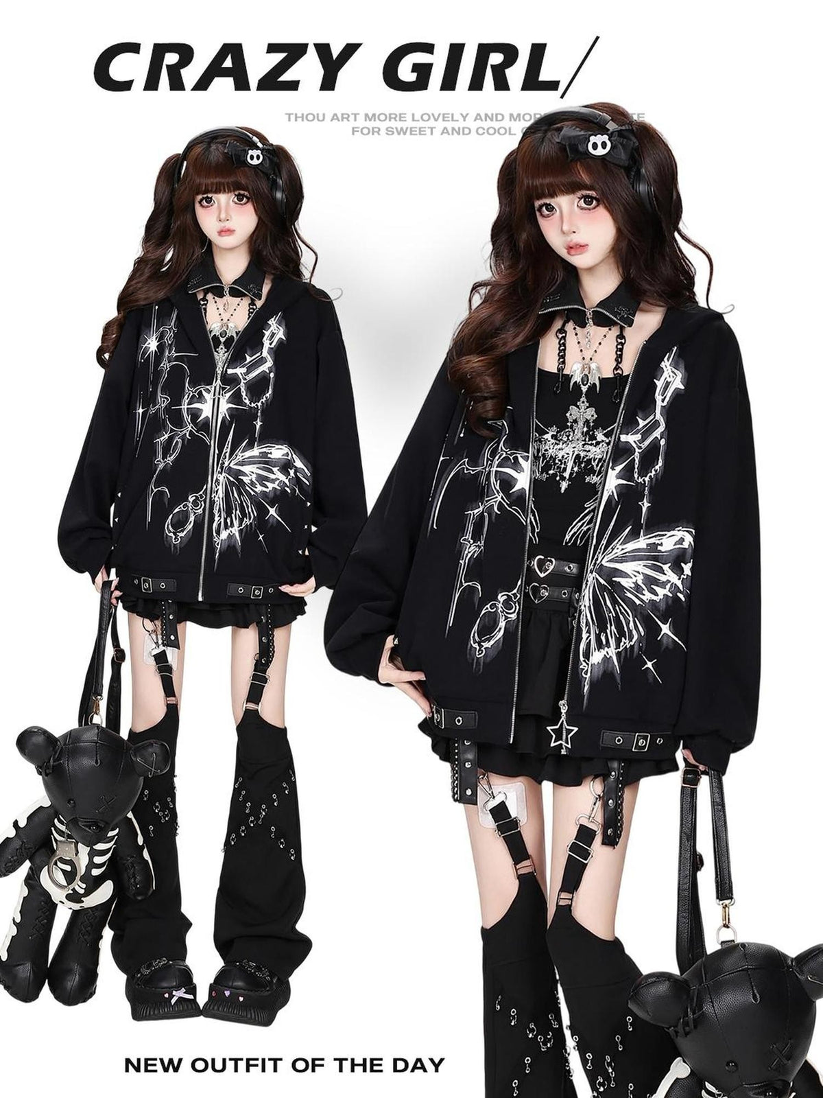 CRAZYGIRL Butterfly Print Hooded Rabbit Ear Loose Fit Women&