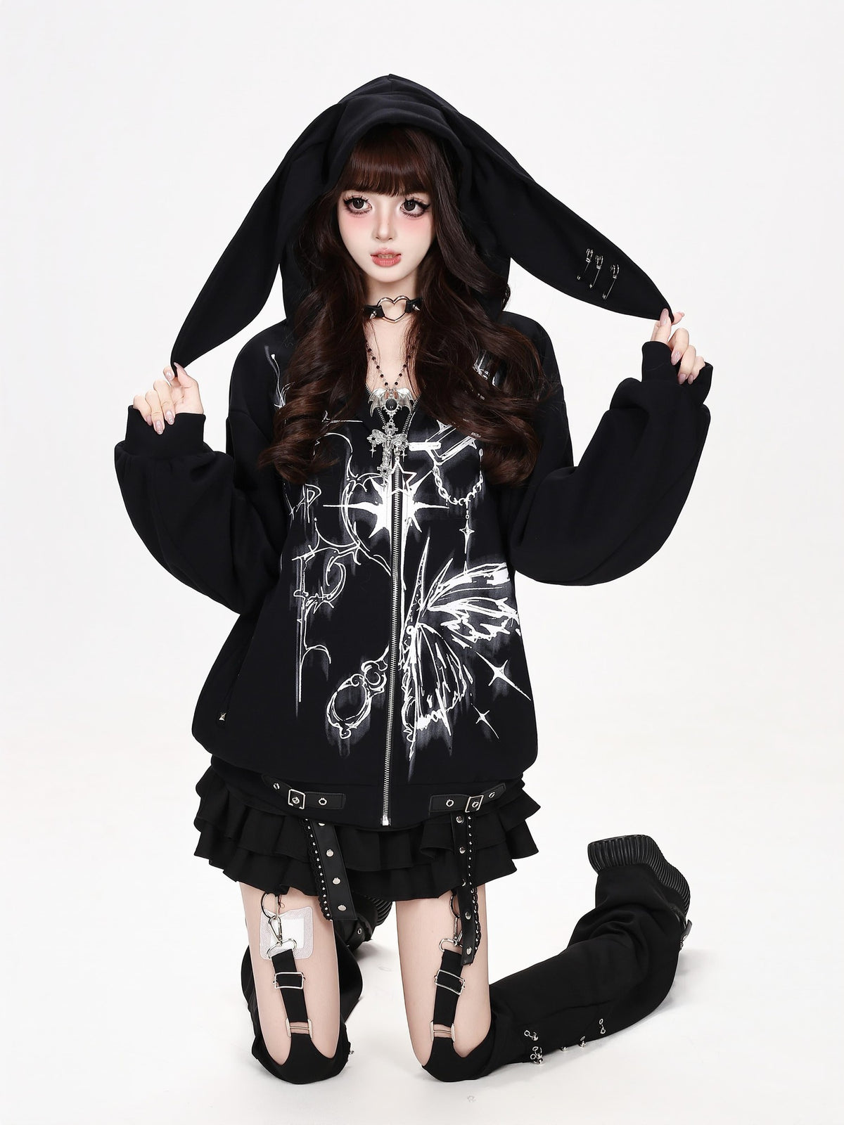 CRAZYGIRL Butterfly Print Hooded Rabbit Ear Loose Fit Women&