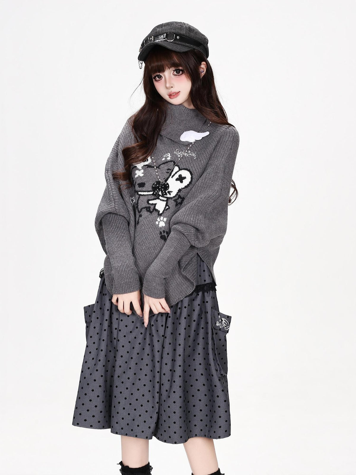 CRAZYGIRL Cartoon Mouse High Neck Loose Knit Pullover Women&