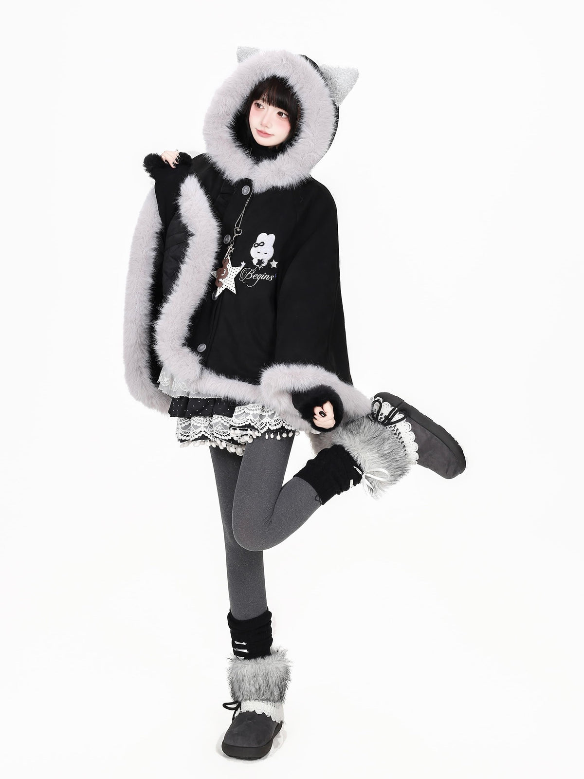 CRAZYGIRL Cat Ear Hooded Fuzzy Trim Padded Women&