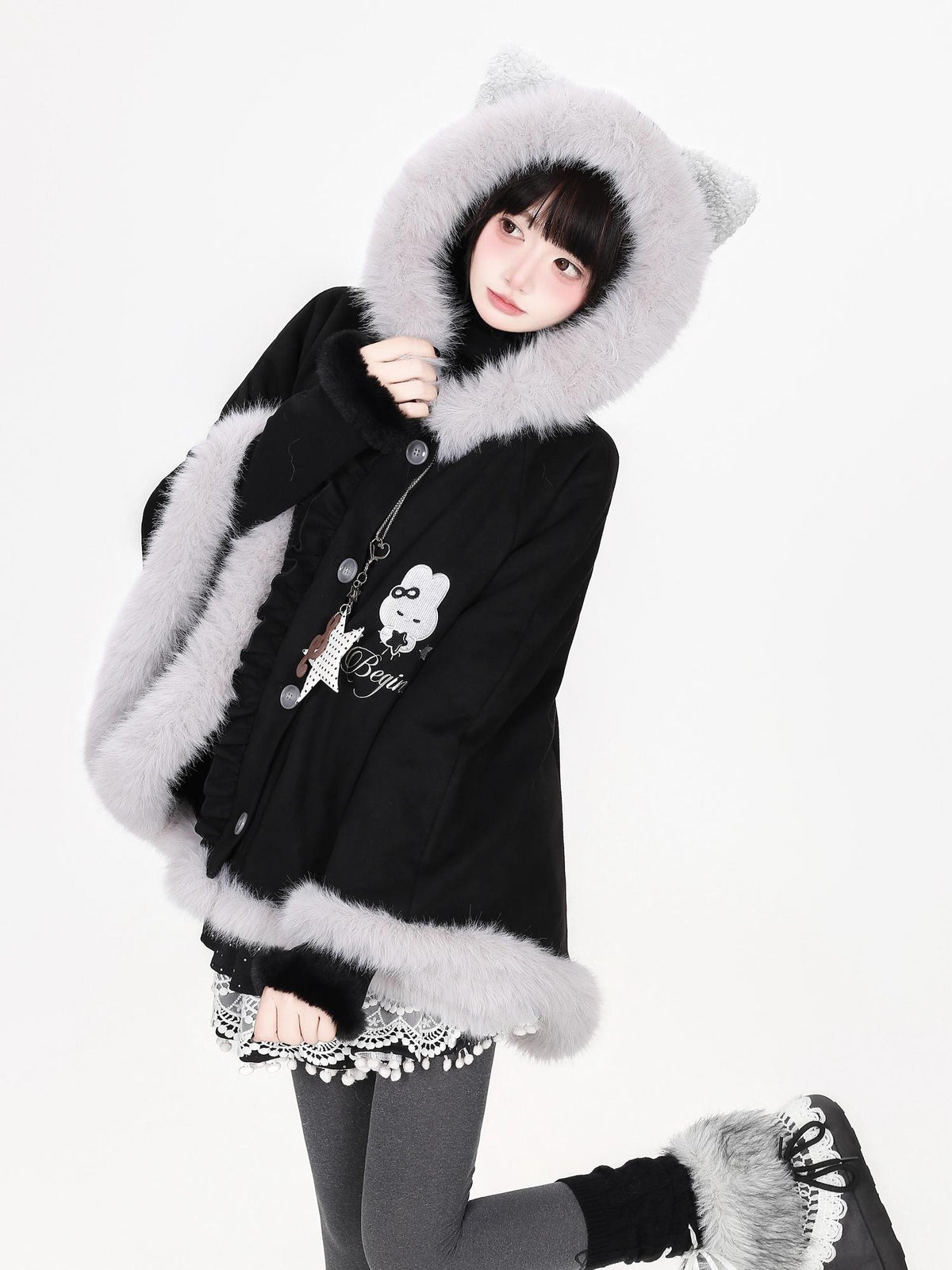 CRAZYGIRL Cat Ear Hooded Fuzzy Trim Padded Women&