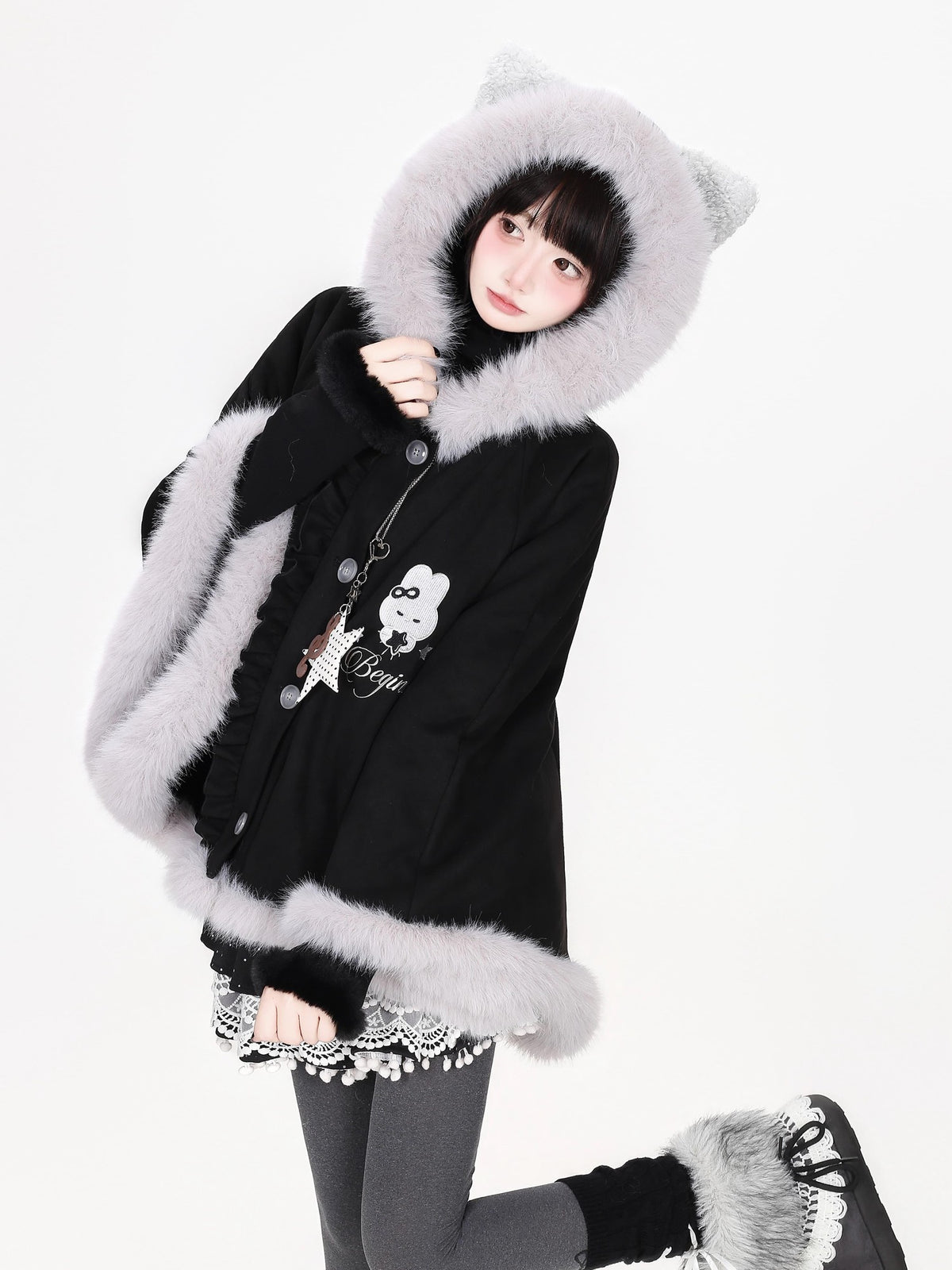 CRAZYGIRL Cat Ear Hooded Fuzzy Trim Padded Women&