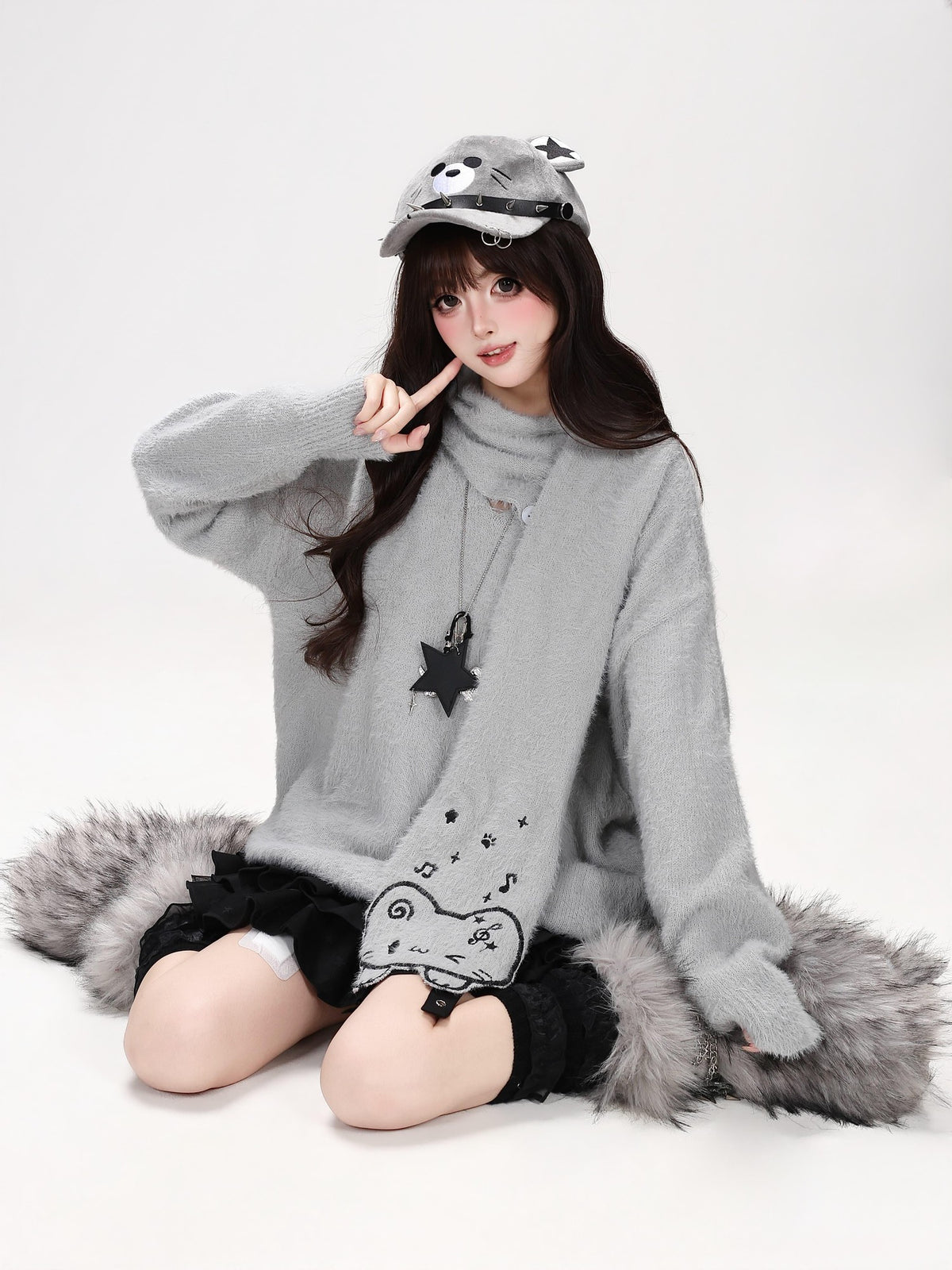 CRAZYGIRL Cat Embroidered Knit Loose Fit Pullover Women&