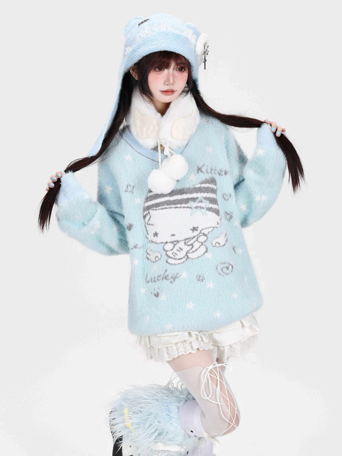 CRAZYGIRL_Cat_Graphic_Bow_Jacquard_V-neck_Women&