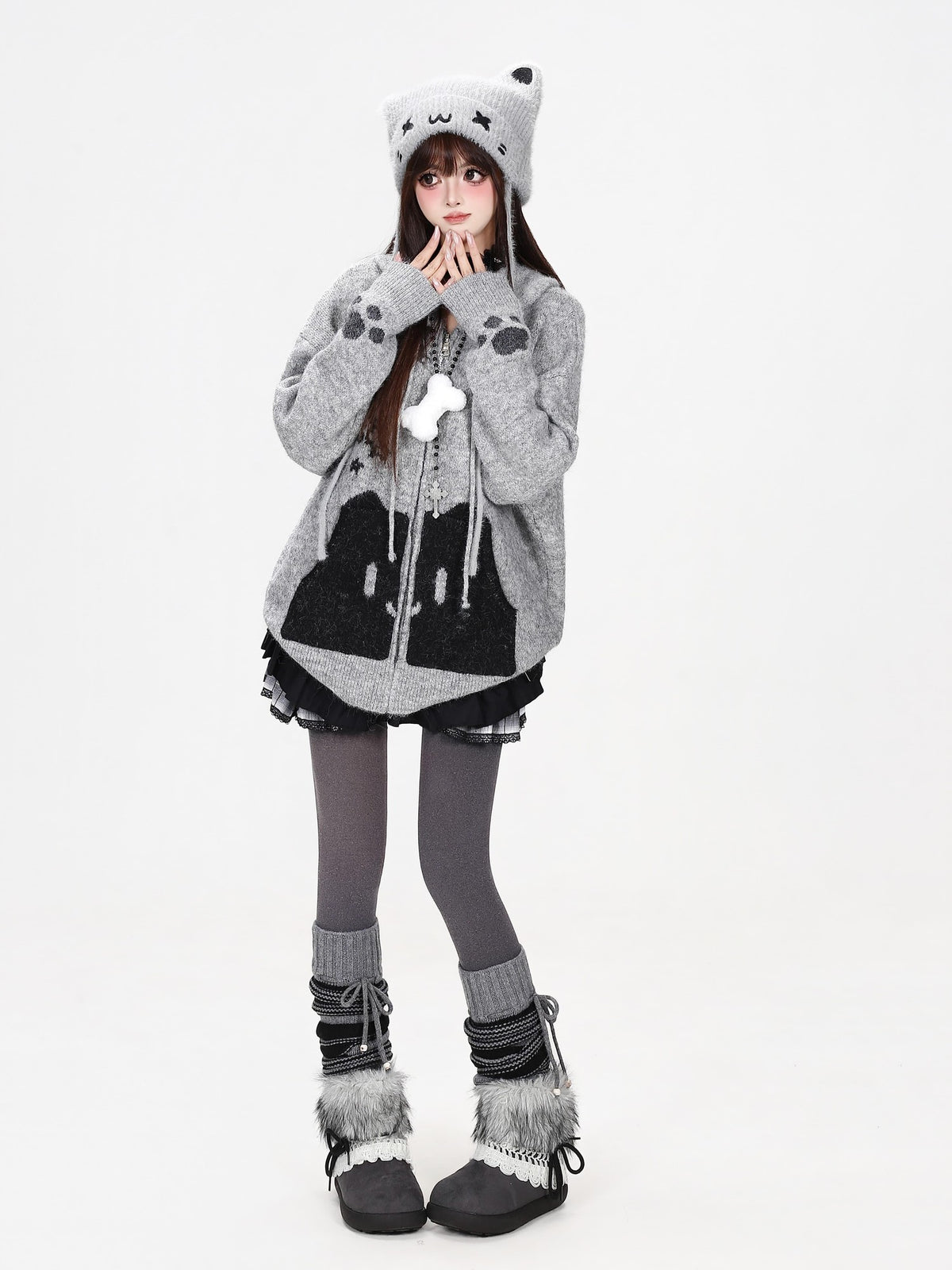 CRAZYGIRL Cat Print Pocket Hooded Loose Knit Women&