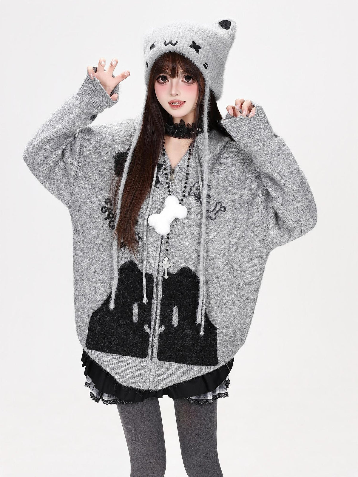 CRAZYGIRL Cat Print Pocket Hooded Loose Knit Women&