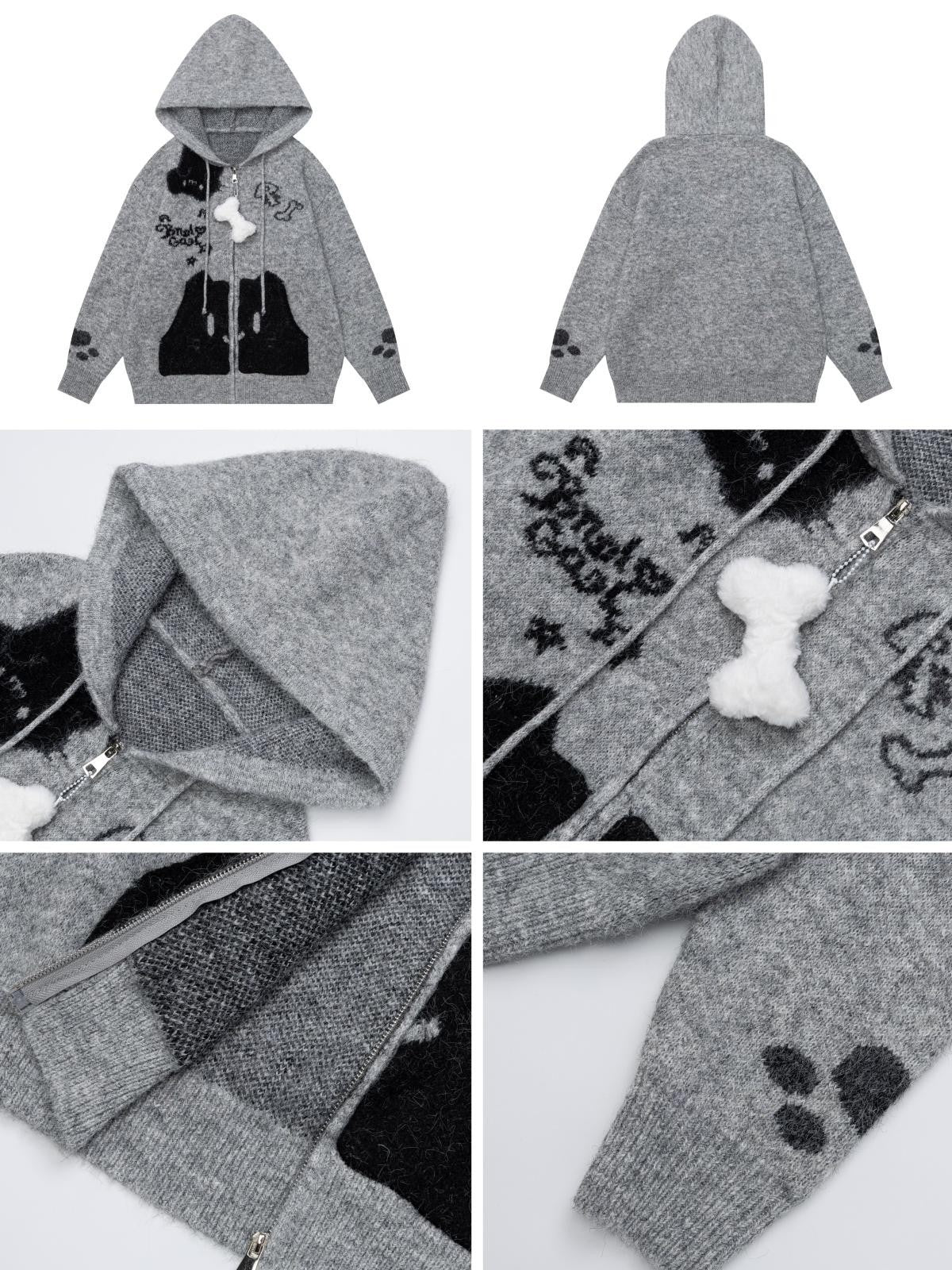 CRAZYGIRL Cat Print Pocket Hooded Loose Knit Women&