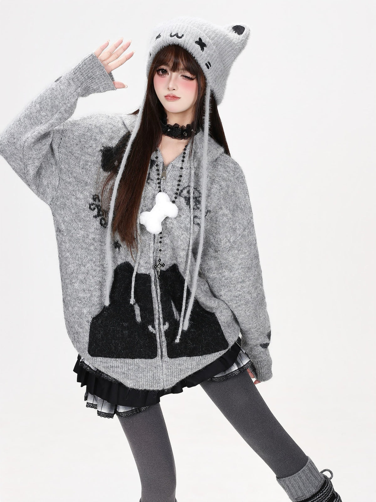 CRAZYGIRL Cat Print Pocket Hooded Loose Knit Women&