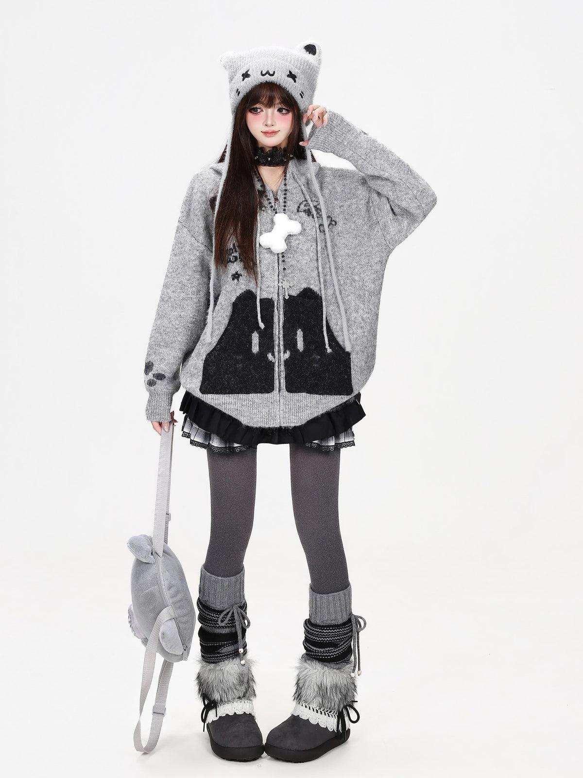 CRAZYGIRL Cat Print Pocket Hooded Loose Knit Women&