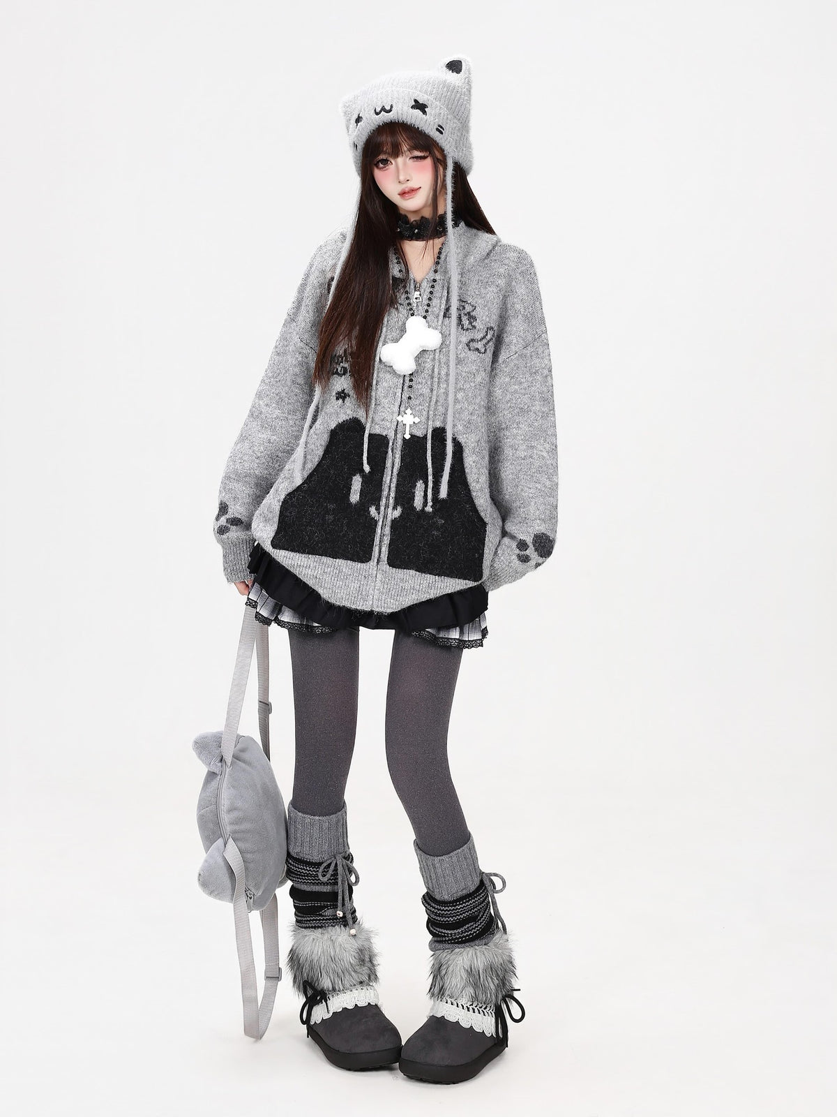 CRAZYGIRL Cat Print Pocket Hooded Loose Knit Women&