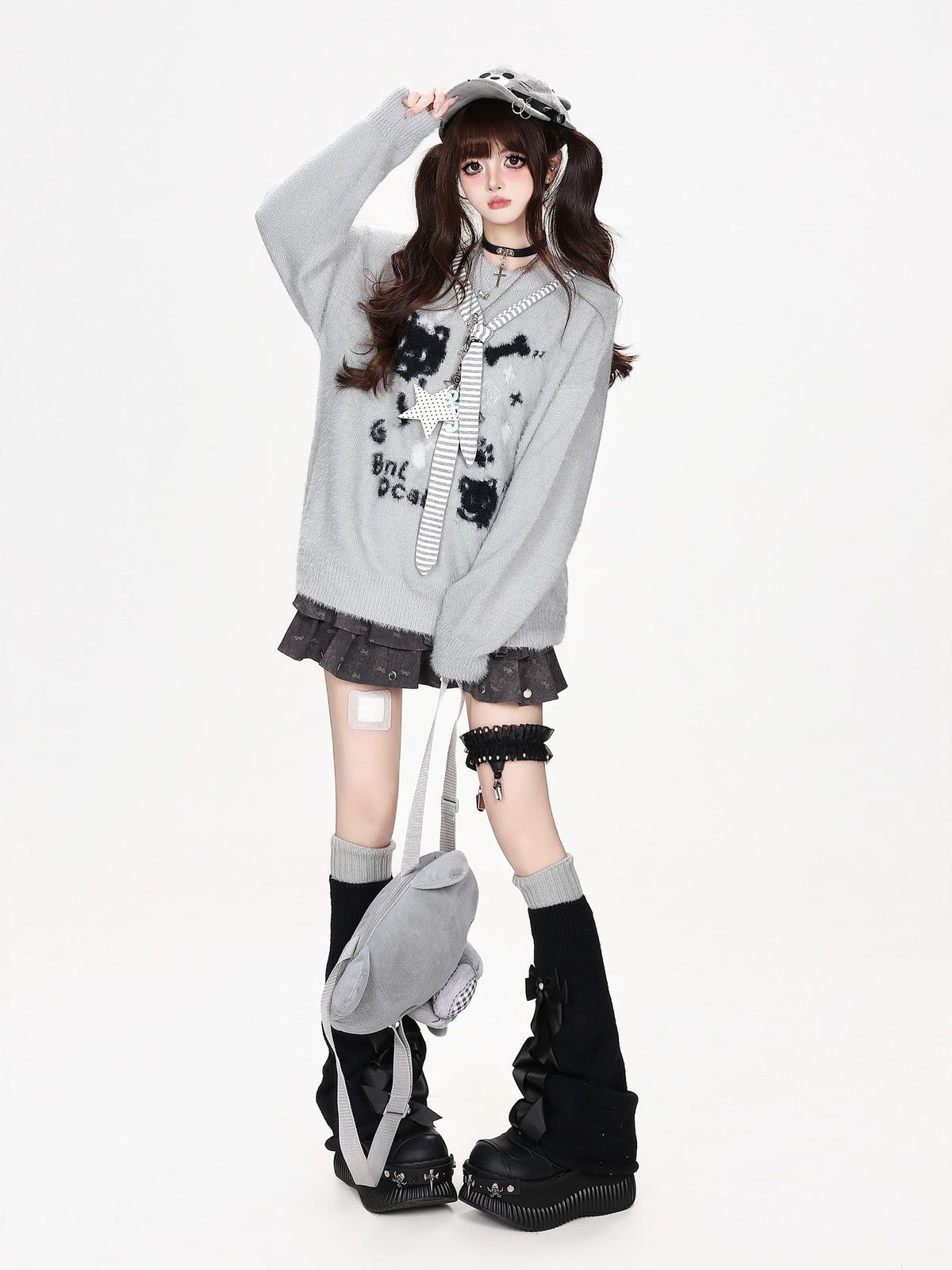 CRAZYGIRL Crazygirl Cat Striped Tie Crewneck Loose Knit Faux Mink Women&